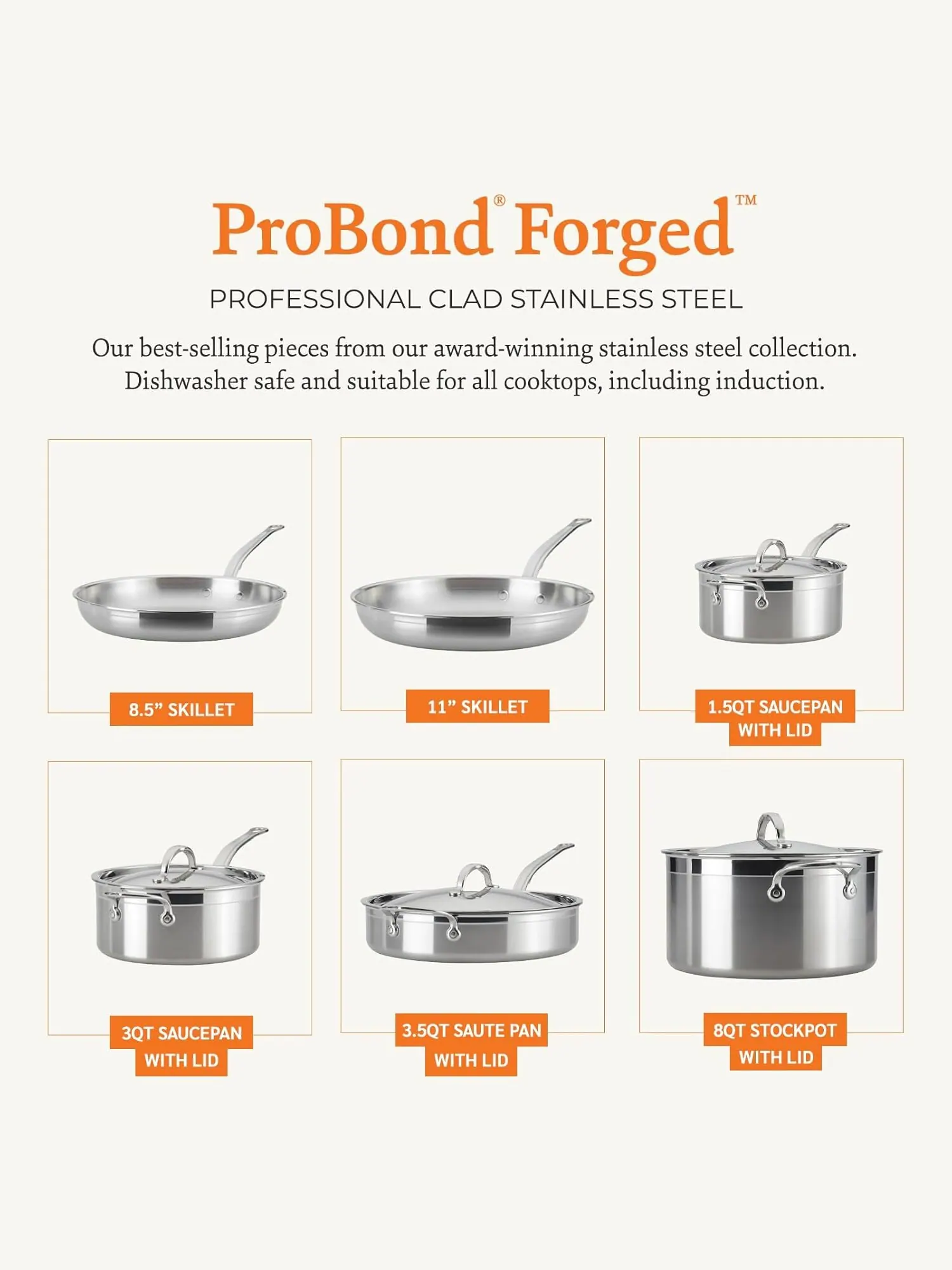Набор посуды Hestan ProBond, 10 предметов, нержавеющая сталь — изображение 2 из 6, серебристый