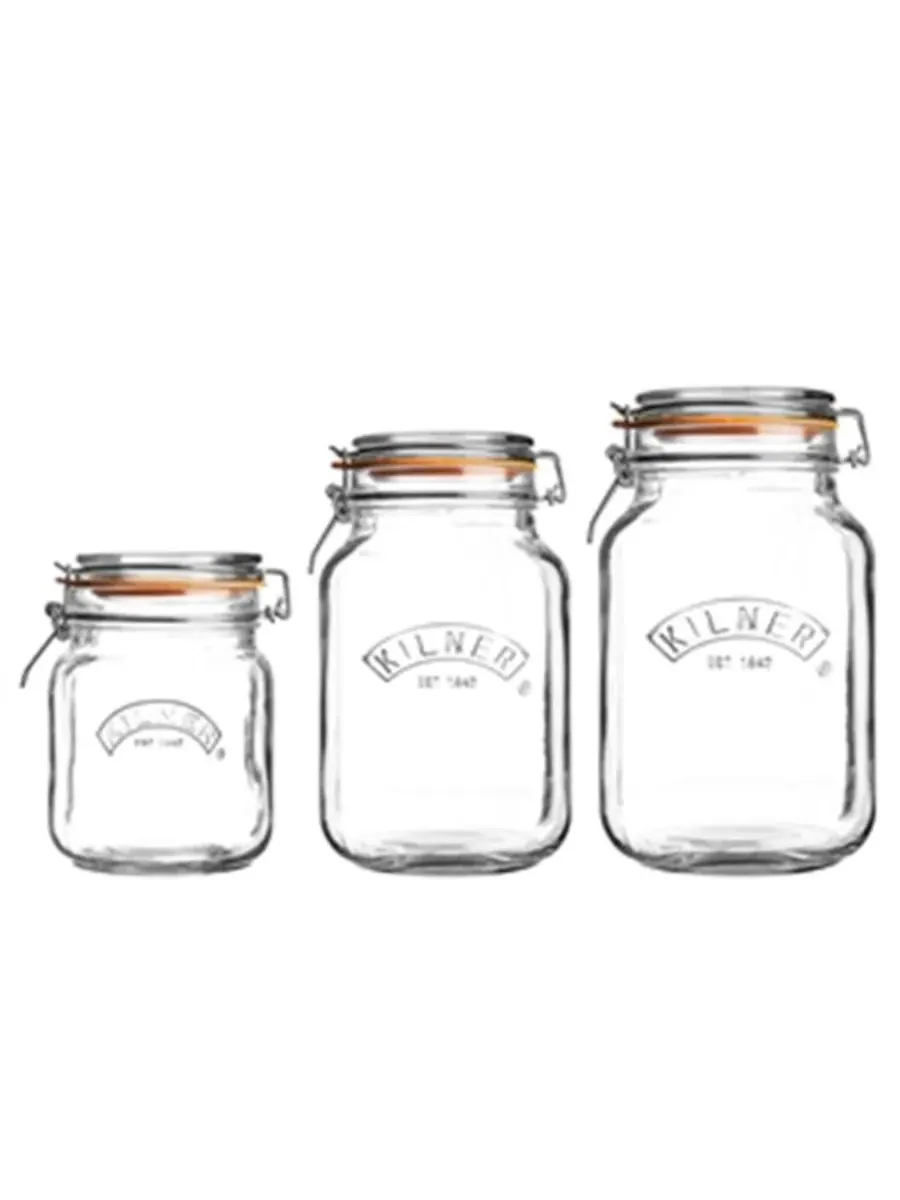Набор из 3 квадратных банок с защелкивающимися крышками Kilner — прозрачный