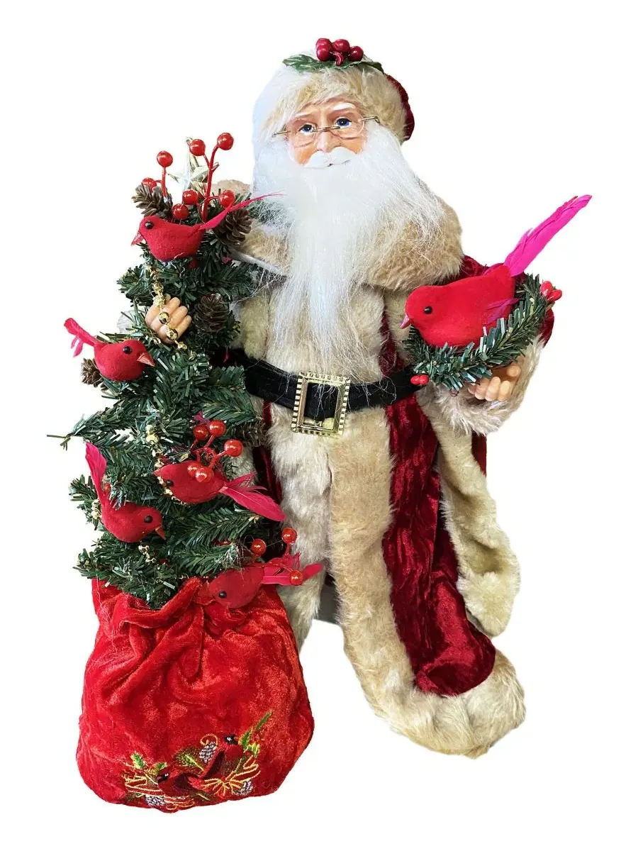 Фигурка Санта-Клауса с кардиналами на дереве Santa's Workshop — красный