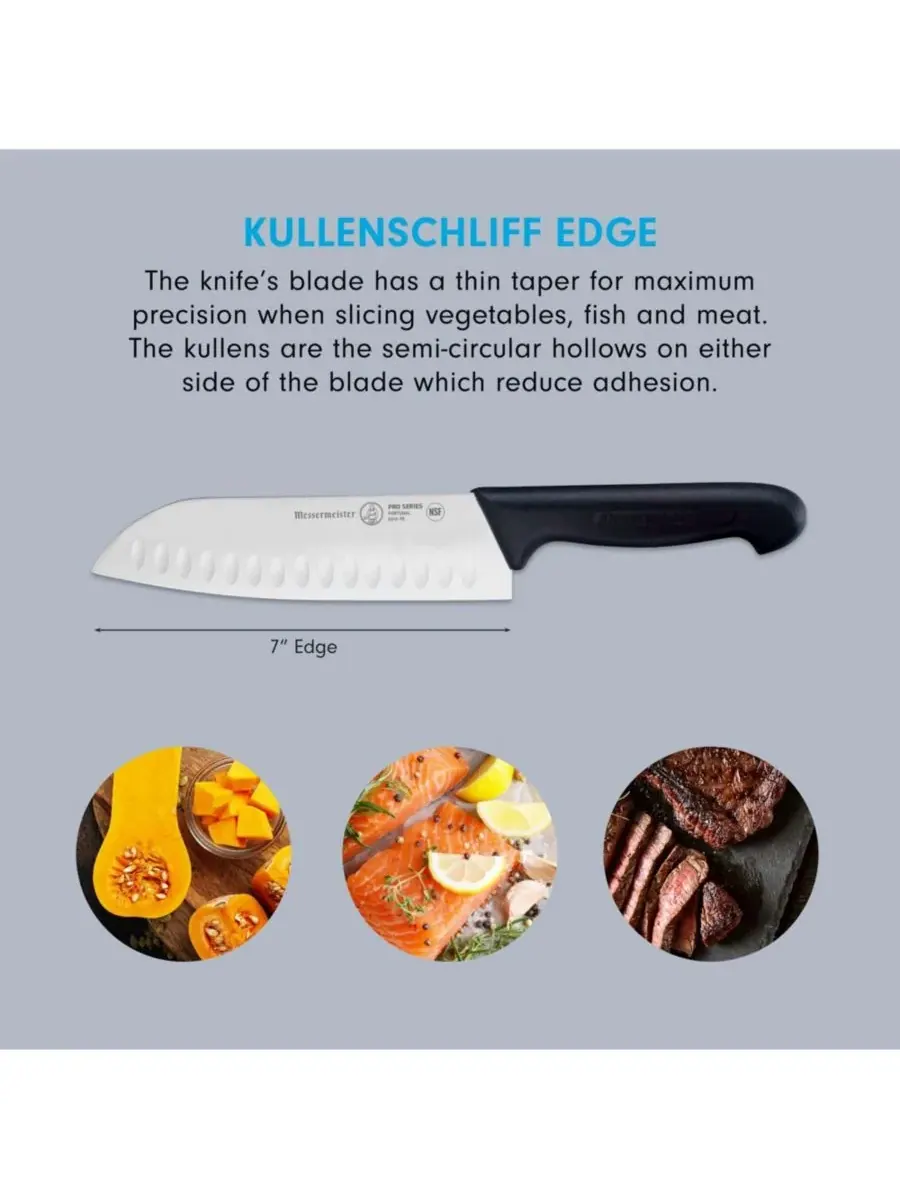 Нож Santoku Кулленс серии Pro, 18 см Messermeister — изображение 5 из 6, серебристый черный