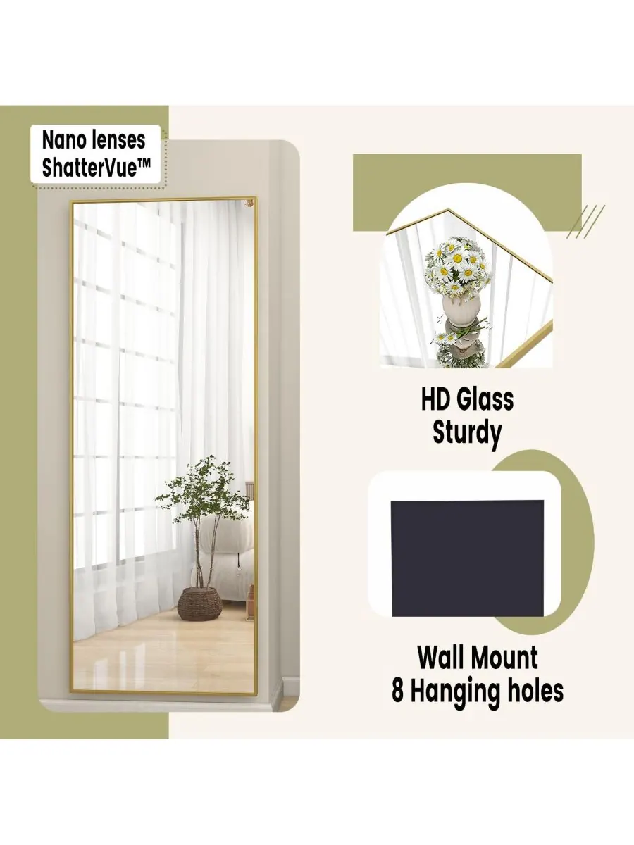 HOMLUX Зеркало из наностекла прямоугольной формы, золотистое, 64"x21", напольное или настенное — изображение 6 из 10, золото