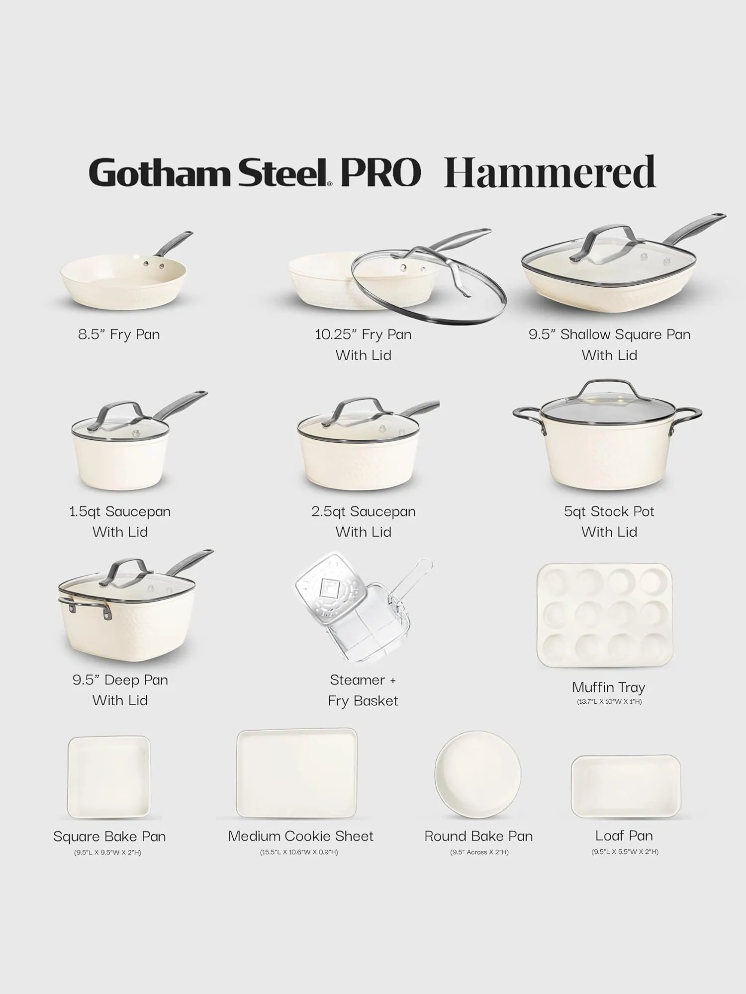 Набор кухонной посуды Gotham Steel Pro Hammered Natural Collection, 20 предметов — изображение 2 из 5, бежевый