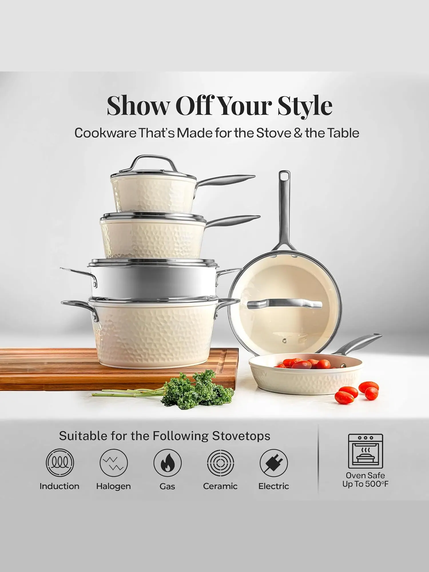 Набор кухонной посуды Gotham Steel Pro Hammered Natural Collection, 20 предметов — изображение 5 из 5, бежевый