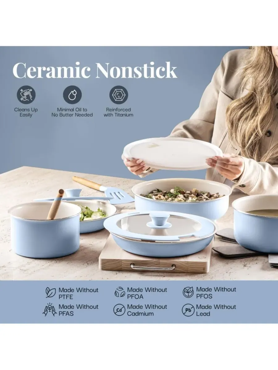 Набор кухонной посуды Gotham Steel Ceramic Nonstick со съемными ручками, 18 предметов — изображение 5 из 7, синий