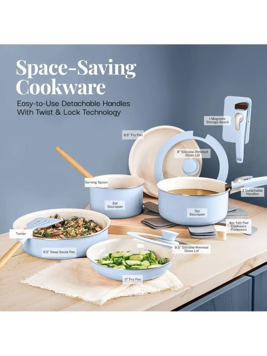 Набор кухонной посуды Gotham Steel Ceramic Nonstick со съемными ручками, 18 предметов — изображение 7 из 7, синий