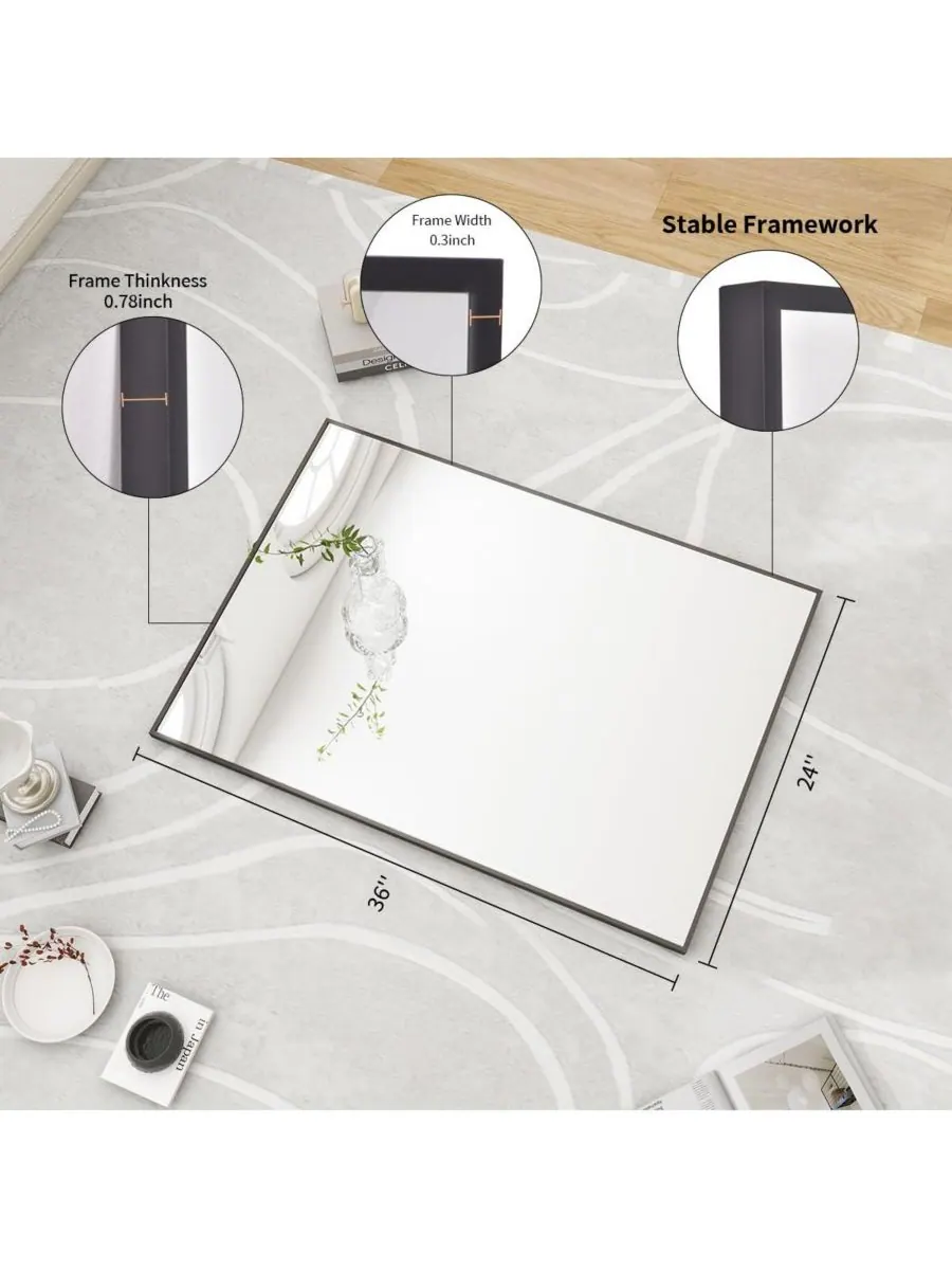 HOMLUX Прямоугольное настенное зеркало 24"x36" в черной раме из алюминиевого сплава — изображение 2 из 6, черный