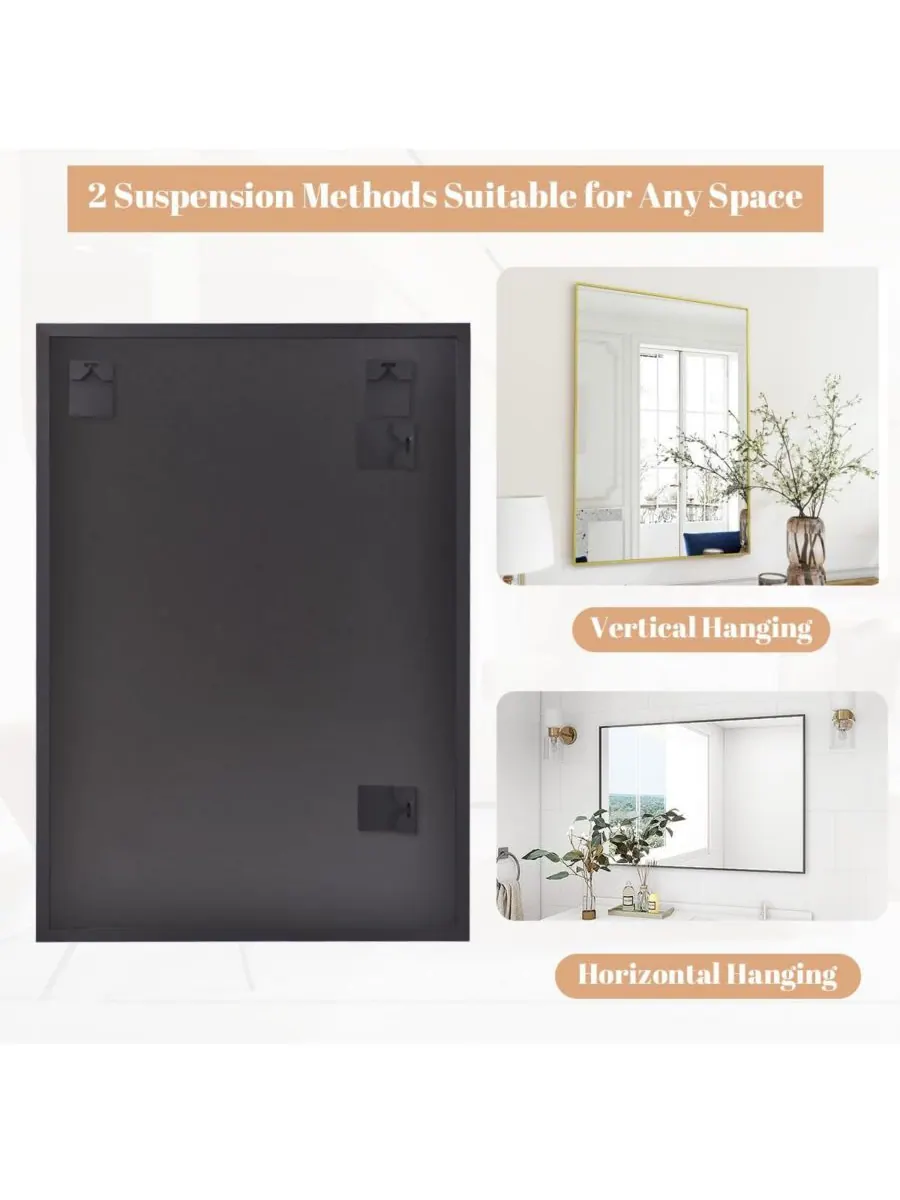 HOMLUX Прямоугольное настенное зеркало 24"x36" в черной раме из алюминиевого сплава — изображение 3 из 6, черный