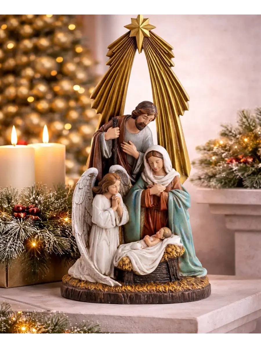 Статуэтка декоративная 30 см с ручной росписью Holy Family with Guardian Angel Napco — изображение 3 из 4, белый золотистый