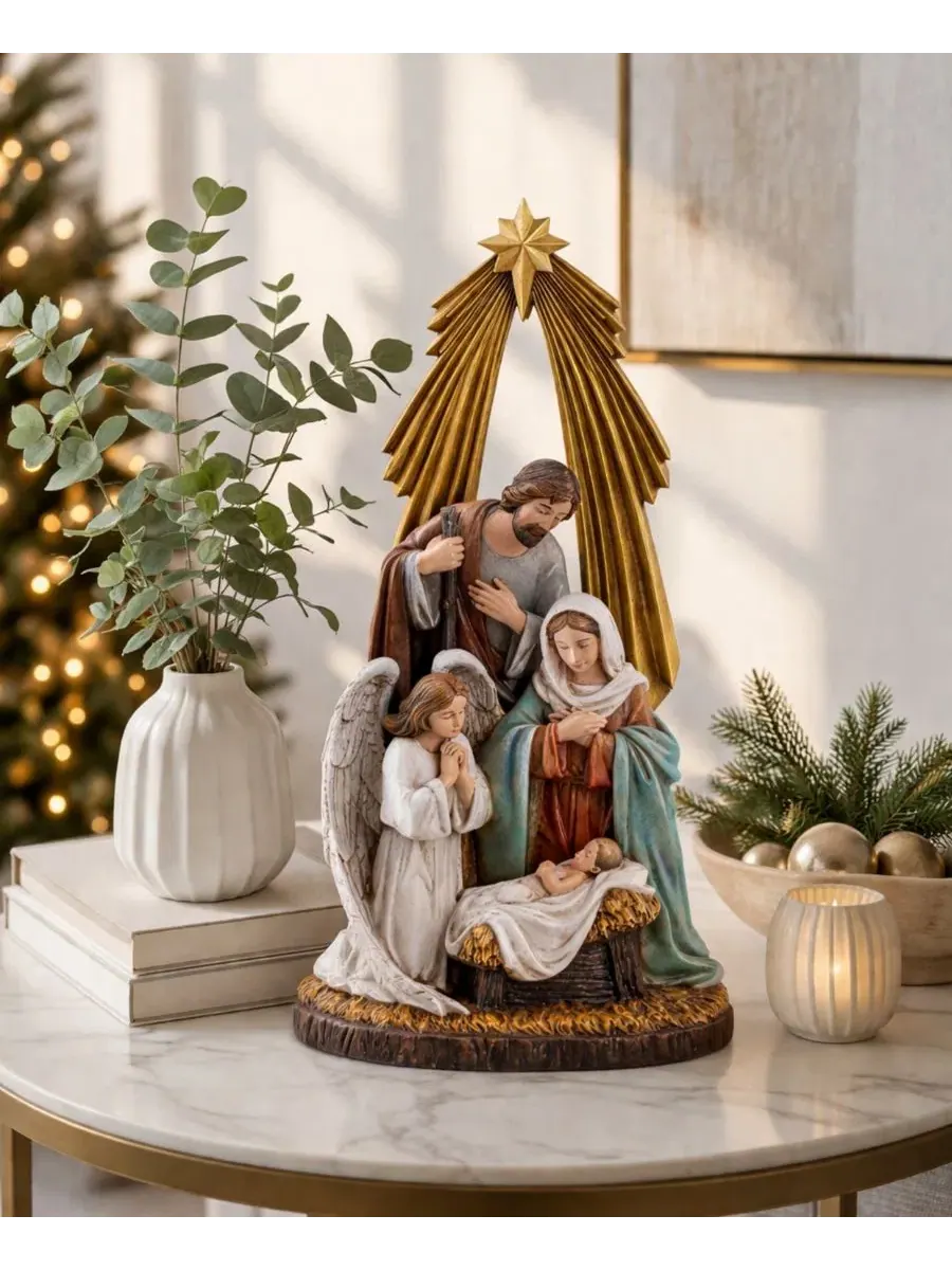 Статуэтка декоративная 30 см с ручной росписью Holy Family with Guardian Angel Napco — изображение 4 из 4, белый золотистый