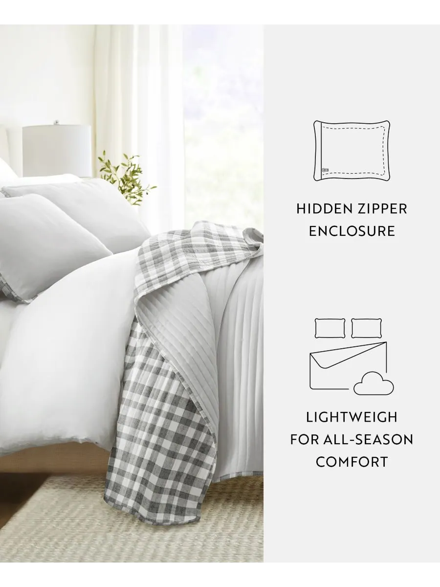 Двустороннее одеяло с клетчатым узором, 2 предмета, размер Twin/Twin XL ienjoy Home — изображение 6 из 10, серый