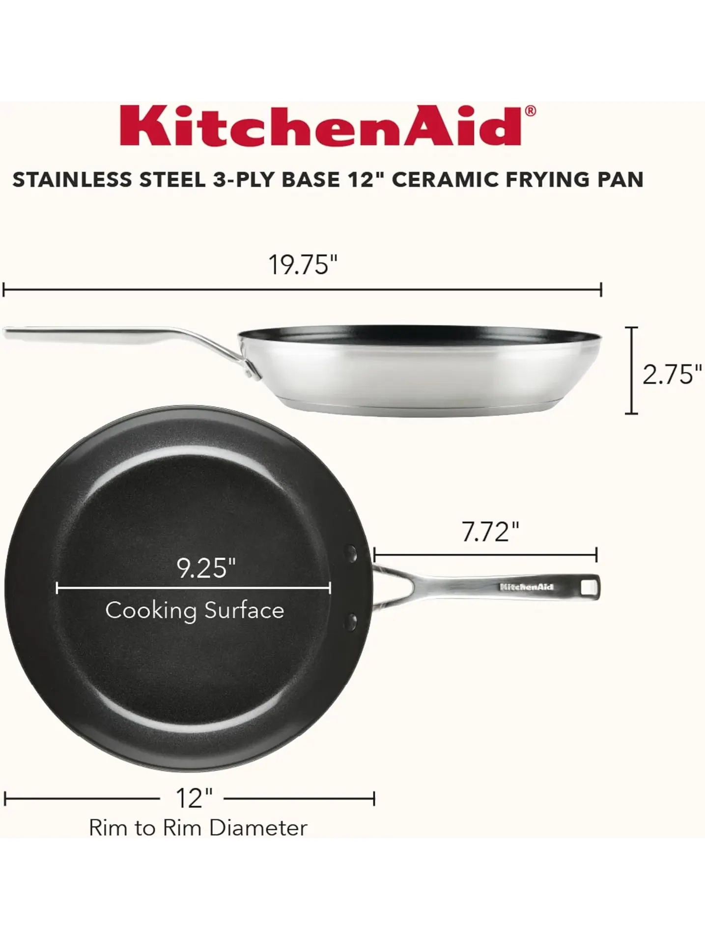 Сковорода KitchenAid Stainless Steel 3-Ply Base Ceramic, 30 см — изображение 5 из 10, серебристый