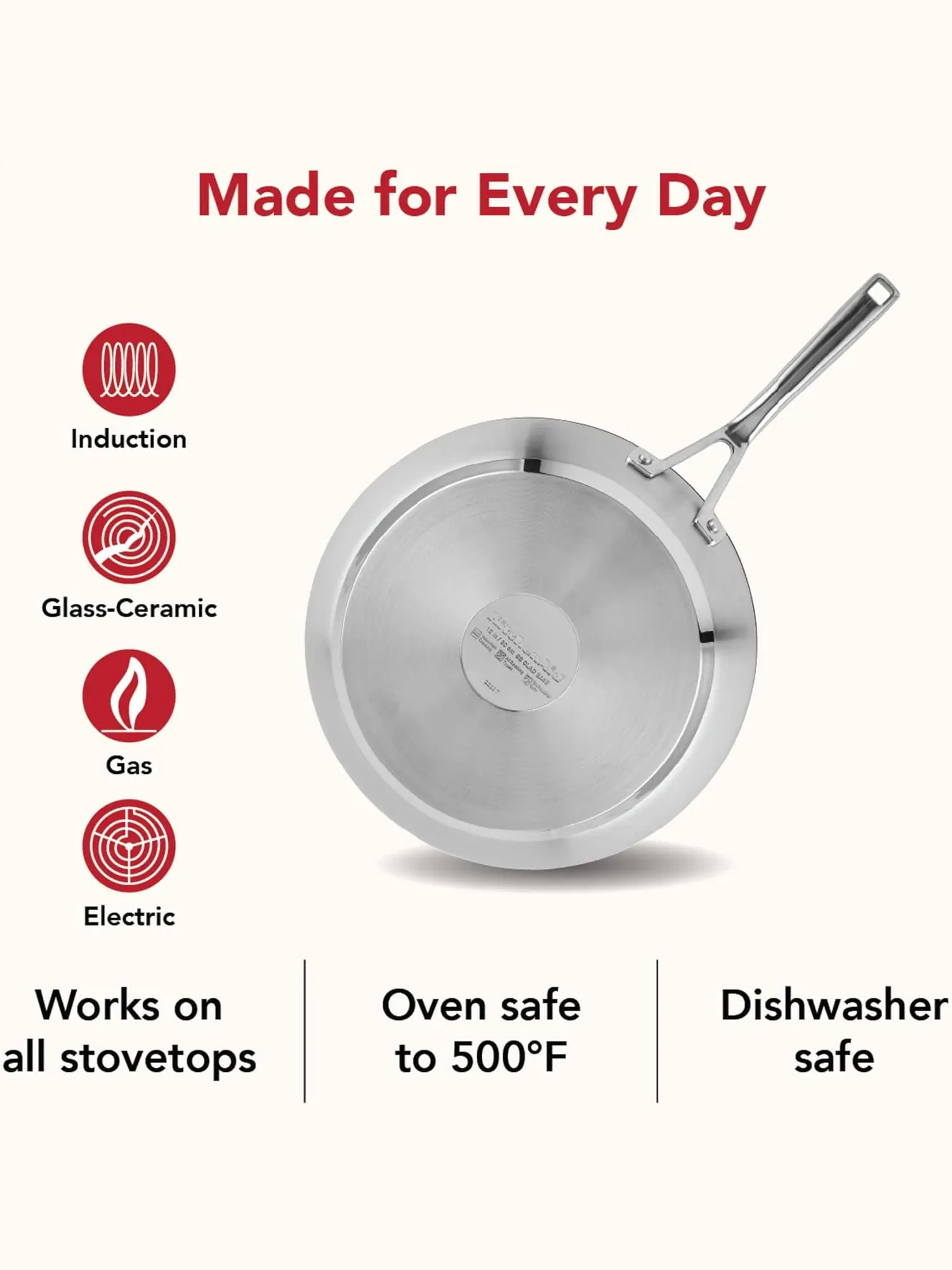 Сковорода KitchenAid Stainless Steel 3-Ply Base Ceramic, 30 см — изображение 10 из 10, серебристый