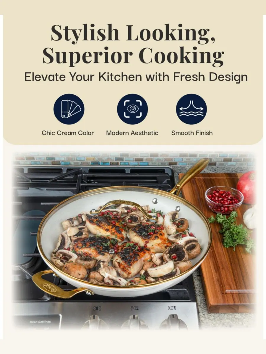 Сковорода Gotham Steel Ceramic Nonstick Natural Collection с крышкой, 35.5 см — изображение 7 из 12, бежевый