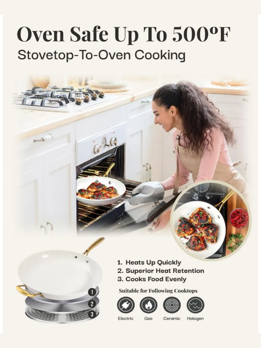 Сковорода Gotham Steel Ceramic Nonstick Natural Collection с крышкой, 35.5 см — изображение 9 из 12, бежевый