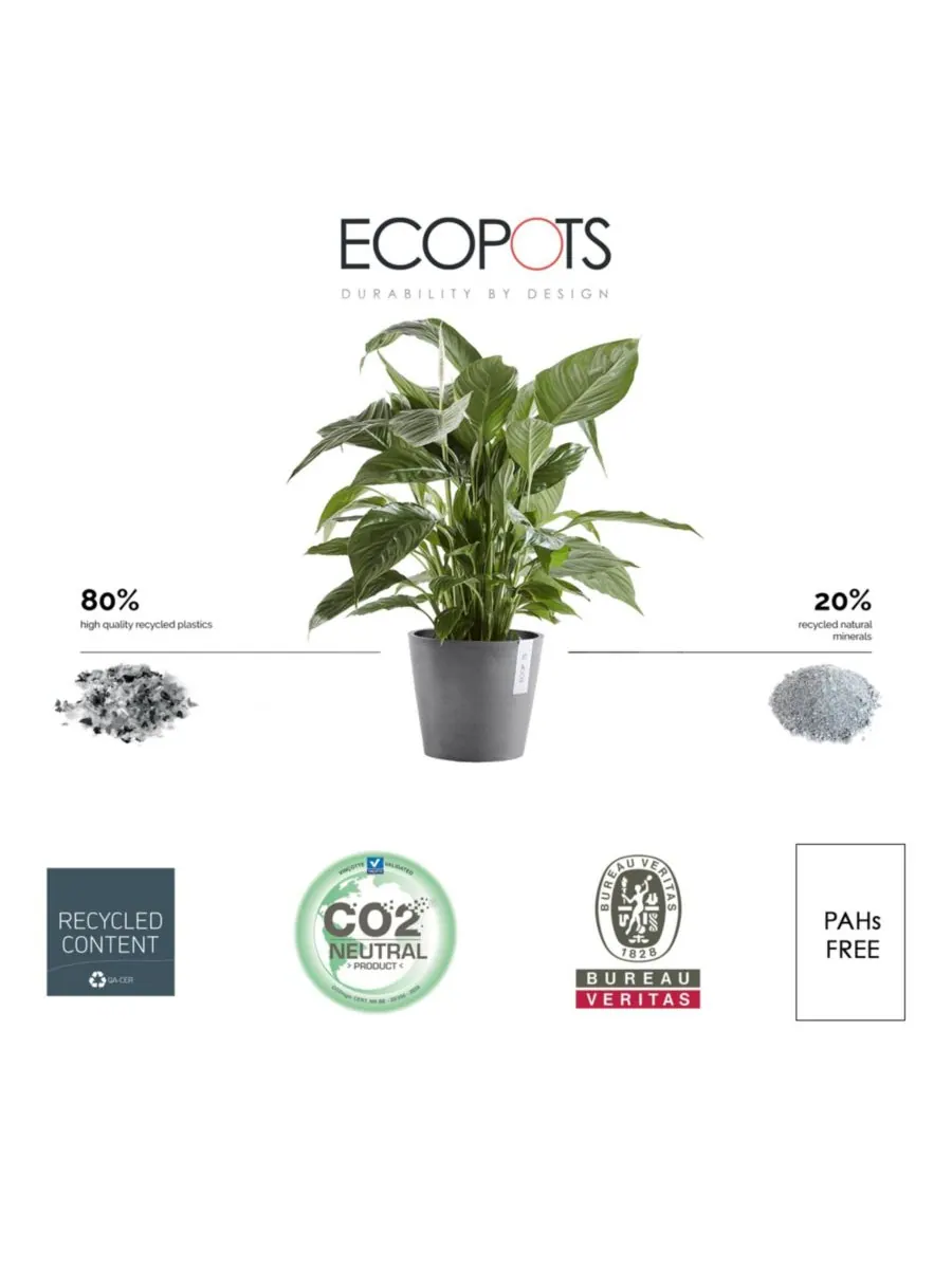 Современный круглый кашпо Amsterdam для комнатных и садовых растений, 10 дюймов ECOPOTS — изображение 2 из 3, серый