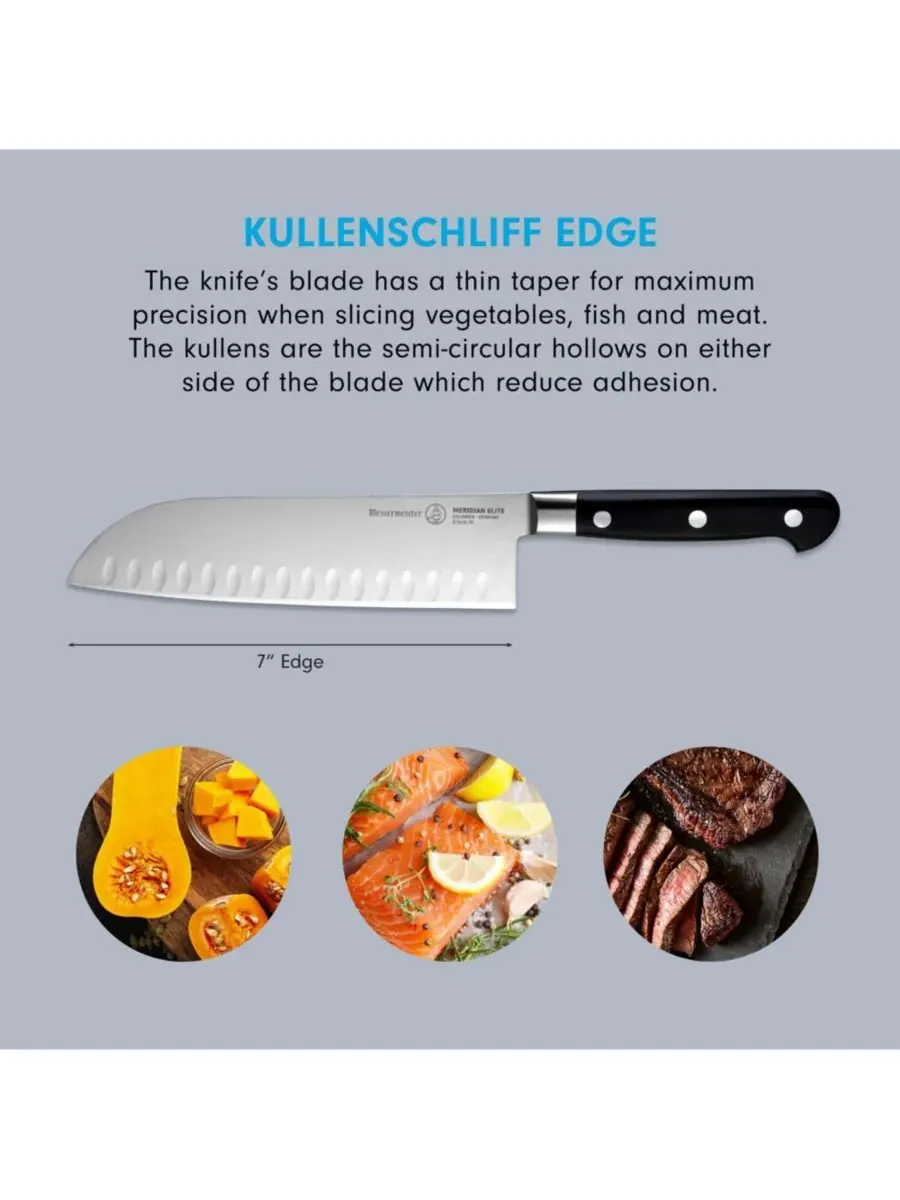 Нож Santoku Meridian Elite Kullenschliff, 18 см Messermeister — изображение 2 из 6, серебристый черный