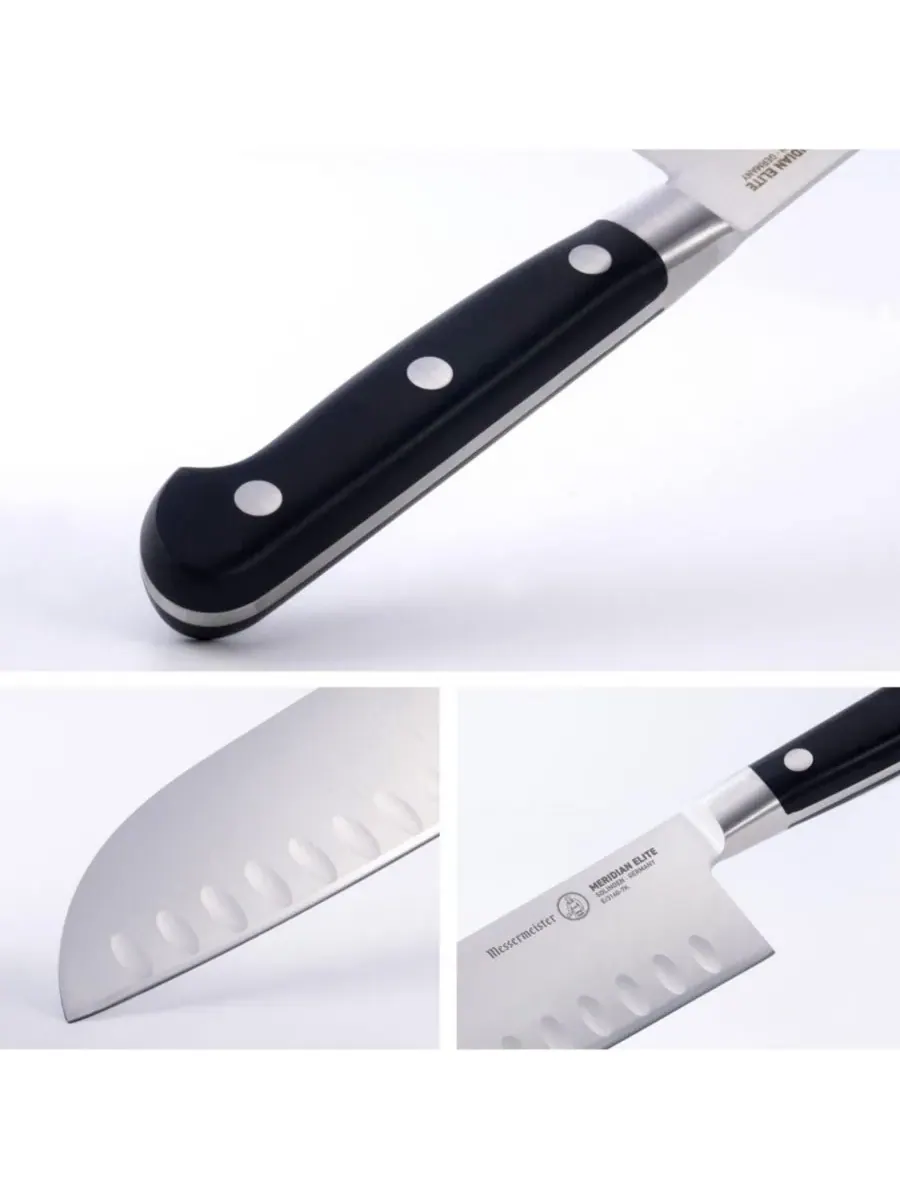 Нож Santoku Meridian Elite Kullenschliff, 18 см Messermeister — изображение 3 из 6, серебристый черный