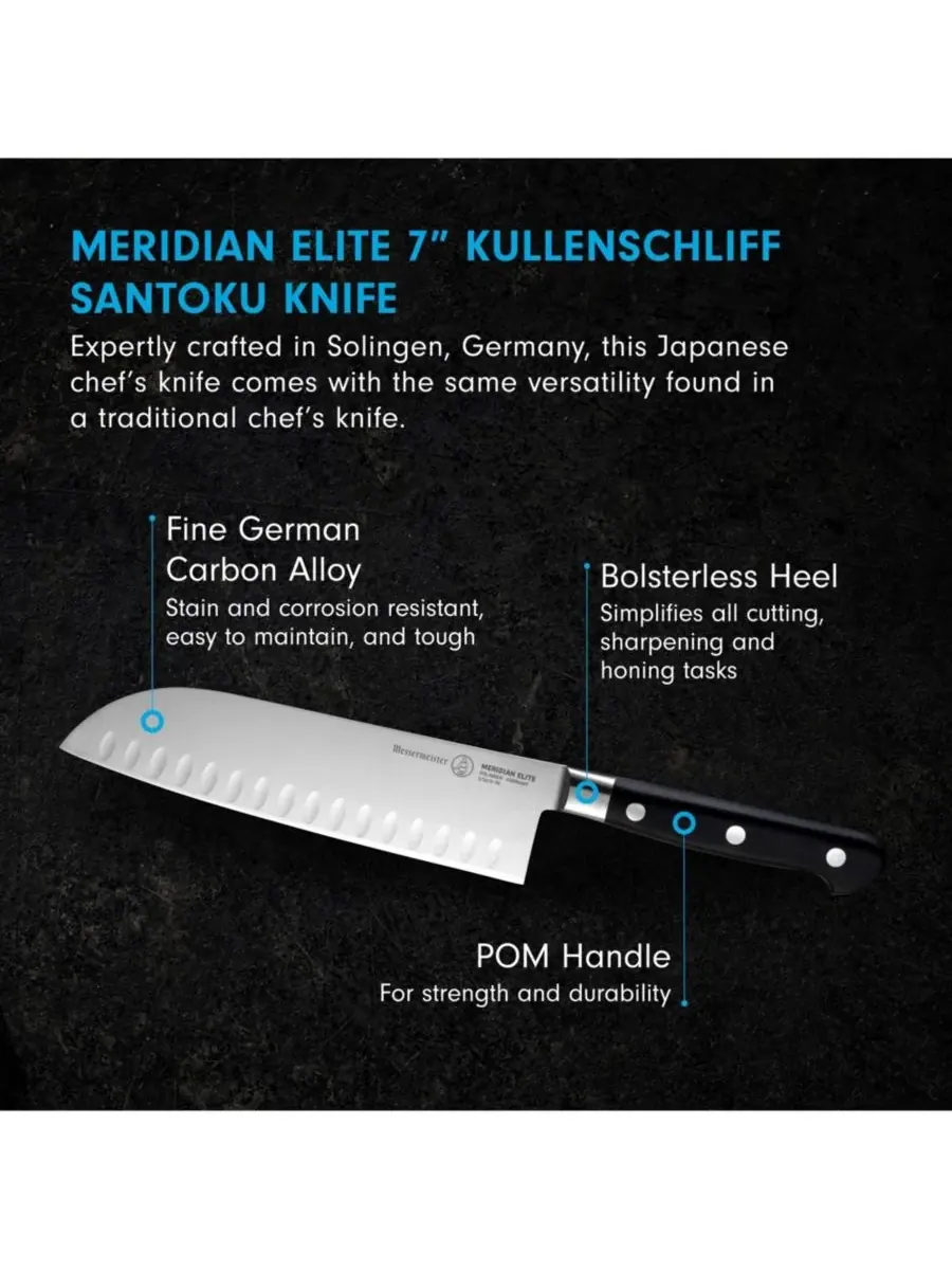 Нож Santoku Meridian Elite Kullenschliff, 18 см Messermeister — изображение 4 из 6, серебристый черный