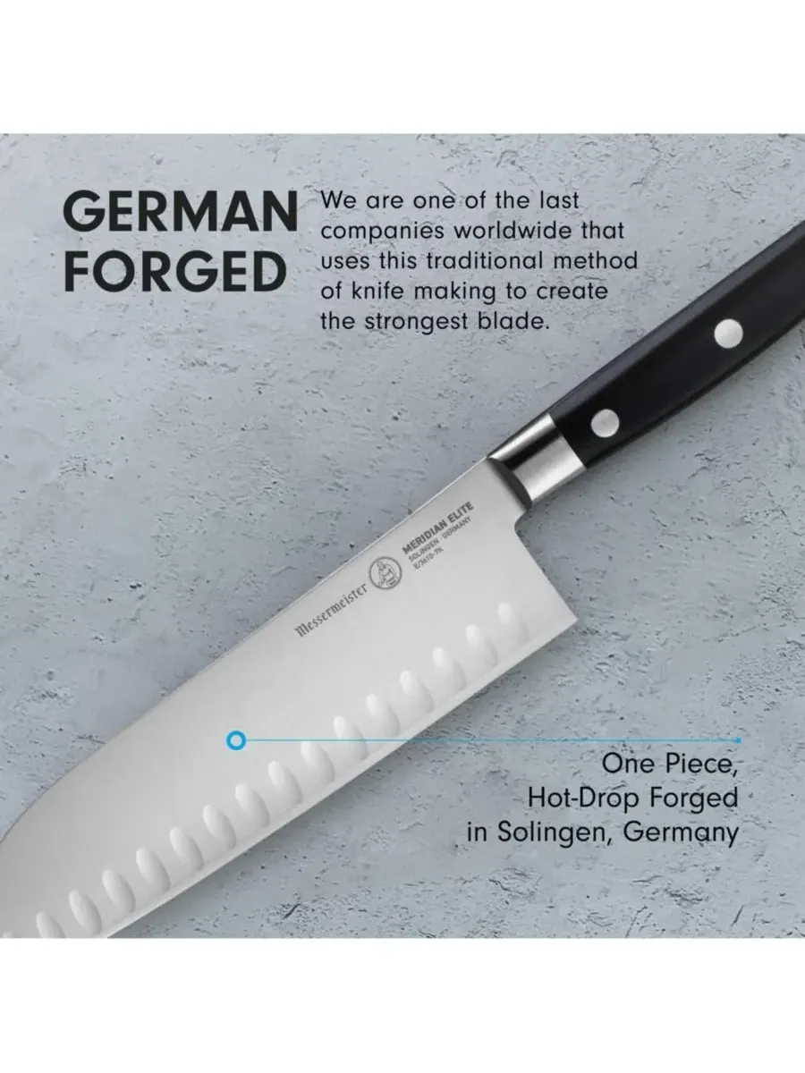 Нож Santoku Meridian Elite Kullenschliff, 18 см Messermeister — изображение 6 из 6, серебристый черный