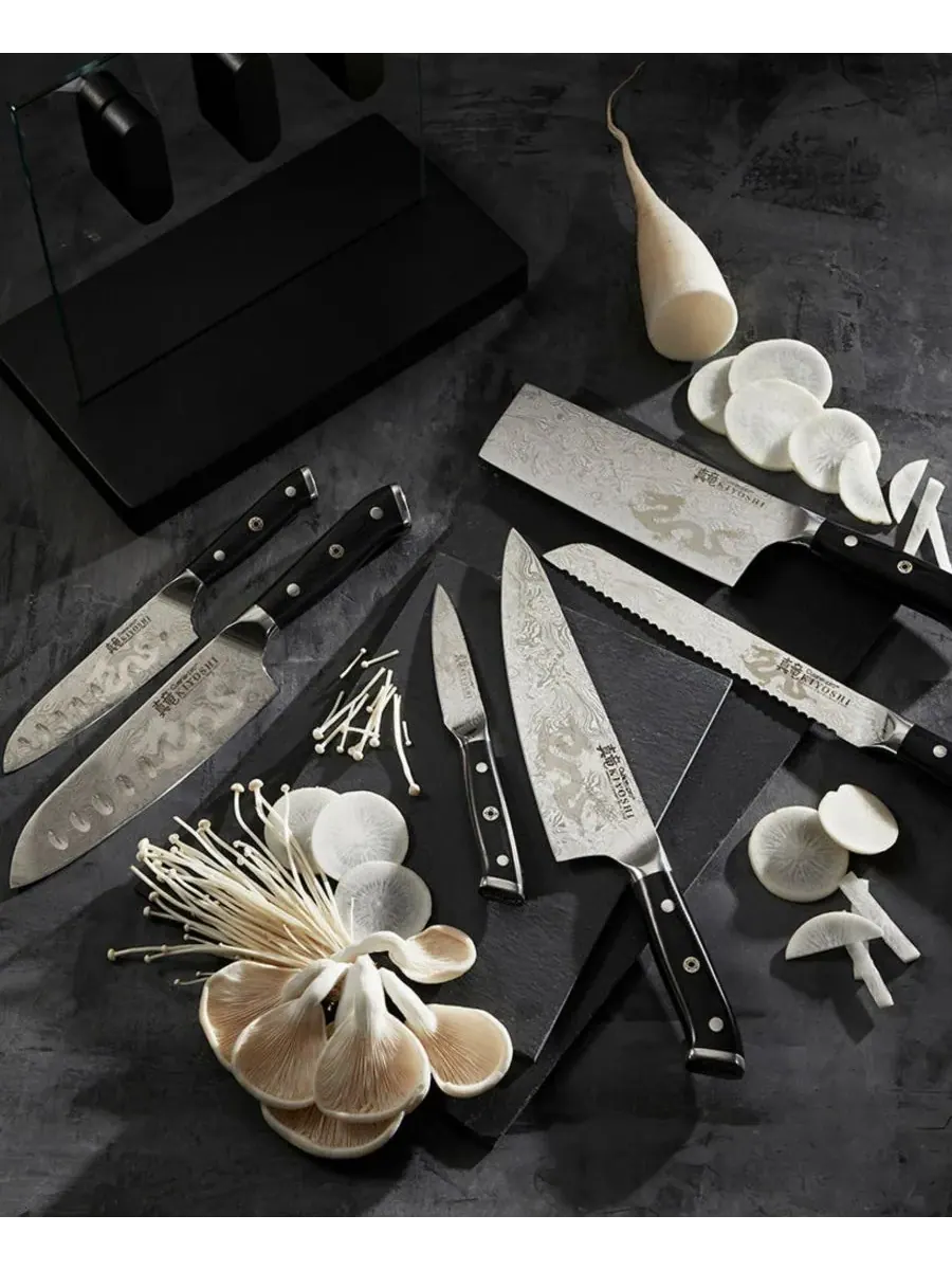 Набор из 7 ножей Kiyoshi Kiyo Steel с подставкой Cuisine::Pro — изображение 5 из 5, серебристый черный