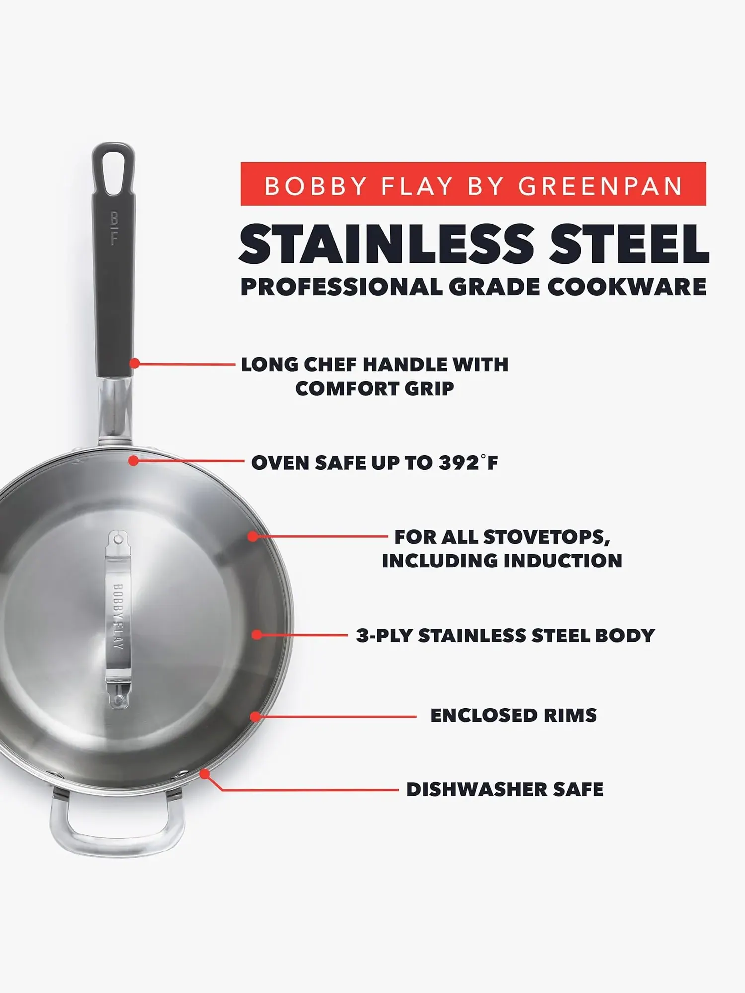 Шеф-сотейник с крышкой GreenPan x Bobby Flay Stainless Steel, 24 см, 3.55 л — изображение 2 из 10, серебристый