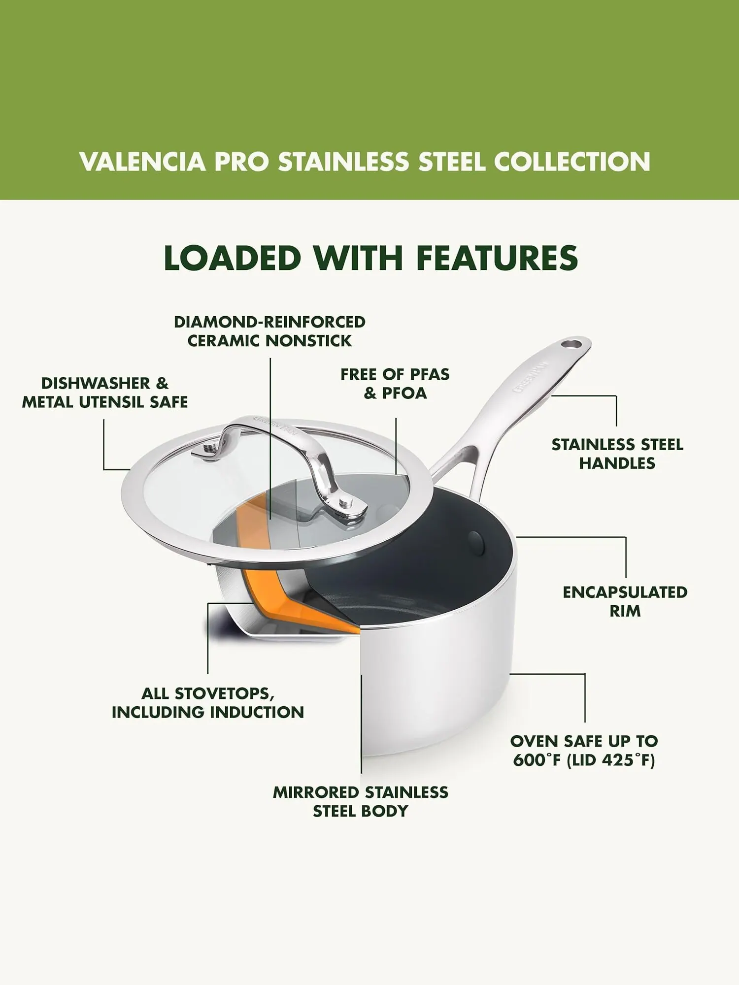 Ковш с крышкой GreenPan Valencia Pro Ceramic, 1.5 л — изображение 3 из 10, серебристый