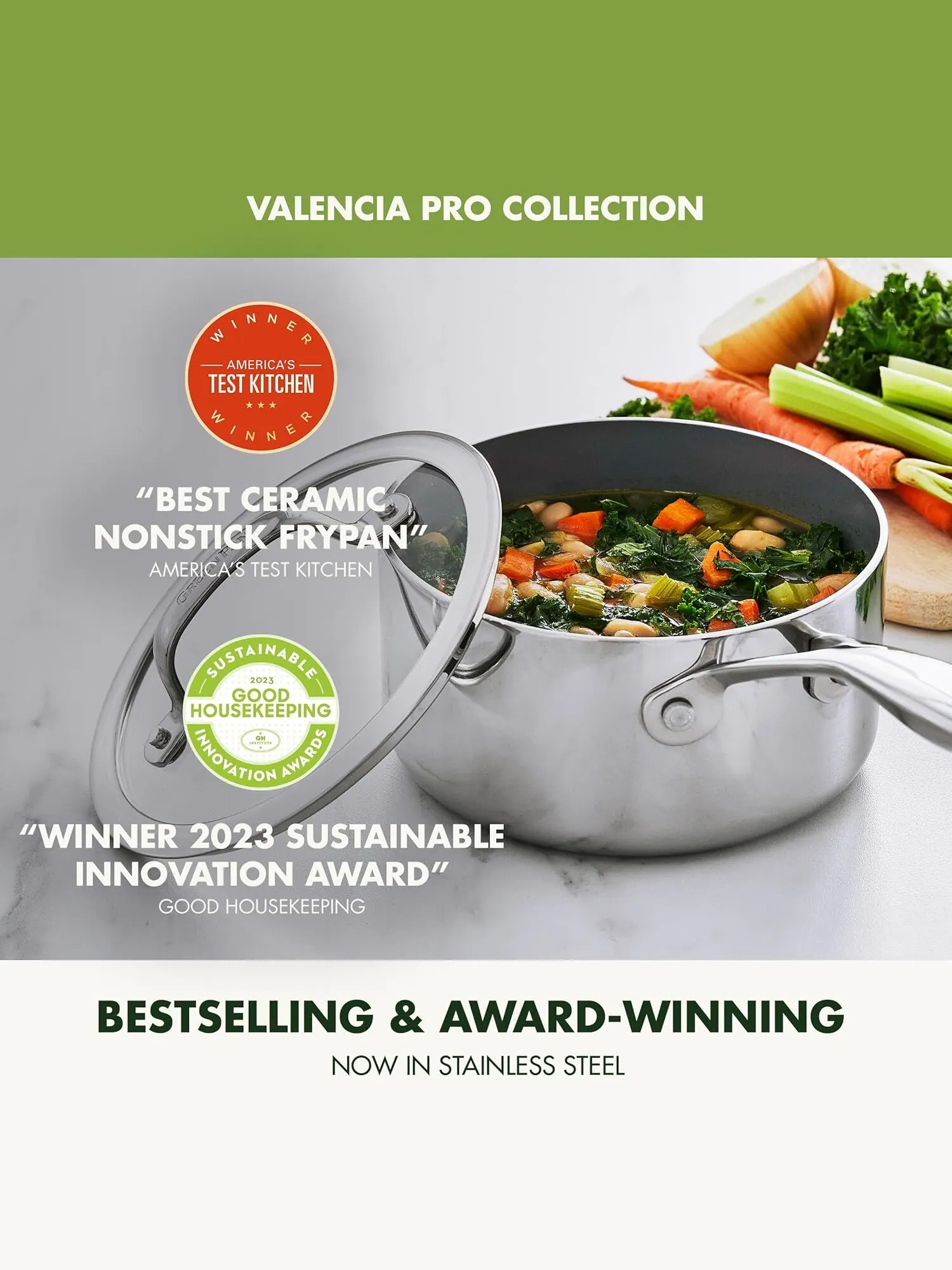 Ковш с крышкой GreenPan Valencia Pro Ceramic, 1.5 л — изображение 4 из 10, серебристый