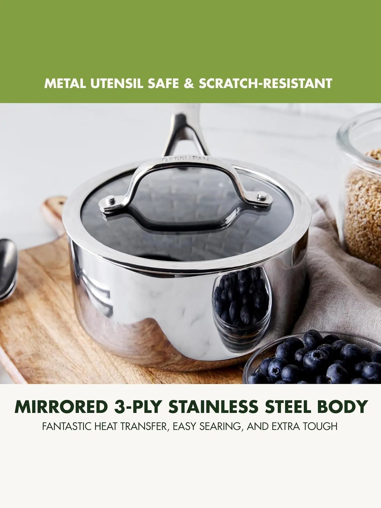 Ковш с крышкой GreenPan Valencia Pro Ceramic, 1.5 л — изображение 5 из 10, серебристый