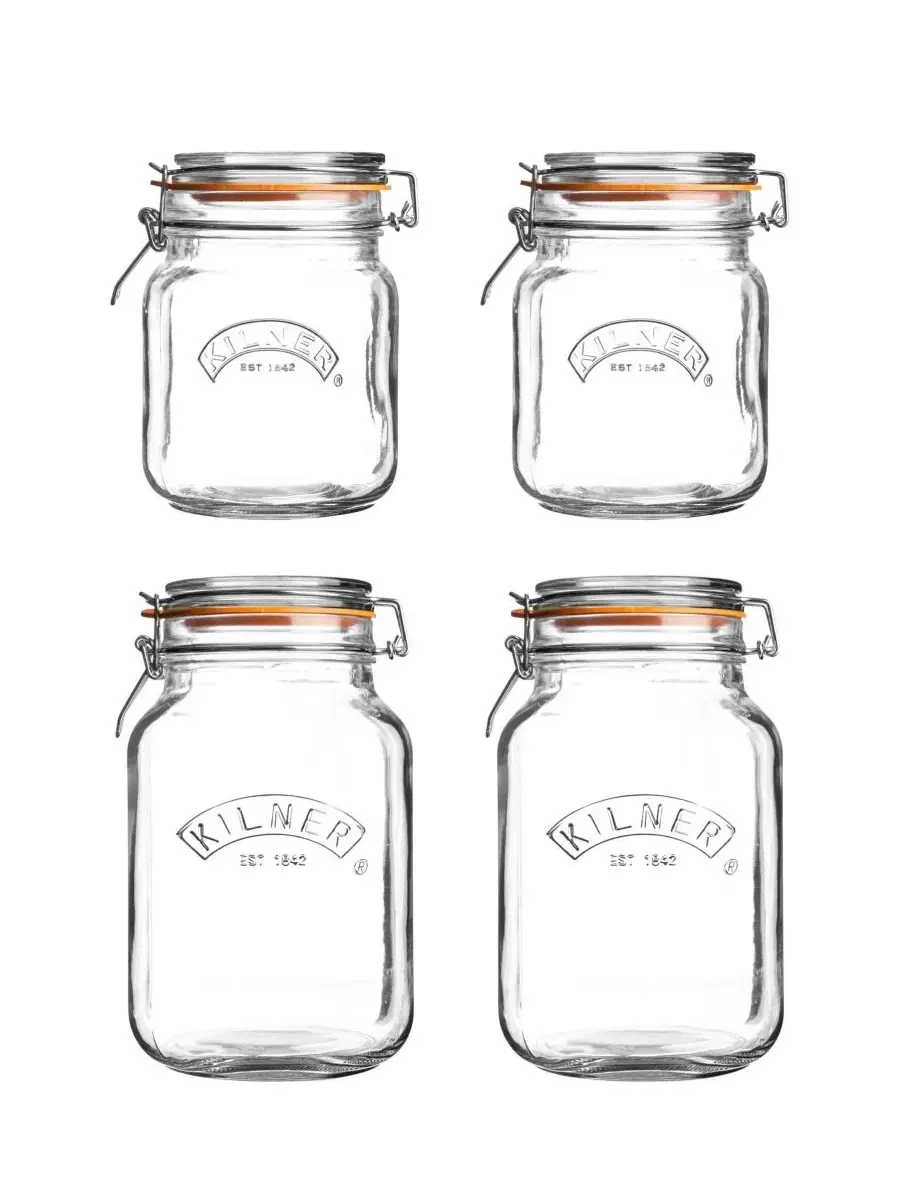 Набор из 4 квадратных банок с защелкивающимися крышками Kilner — прозрачный