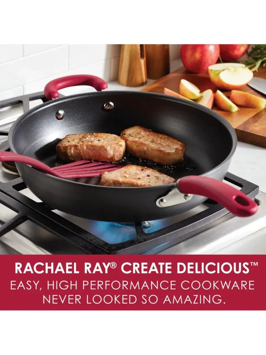 Глубокая сковорода Rachael Ray Create Delicious 32 см, с антипригарным покрытием — изображение 5 из 8, серый красный