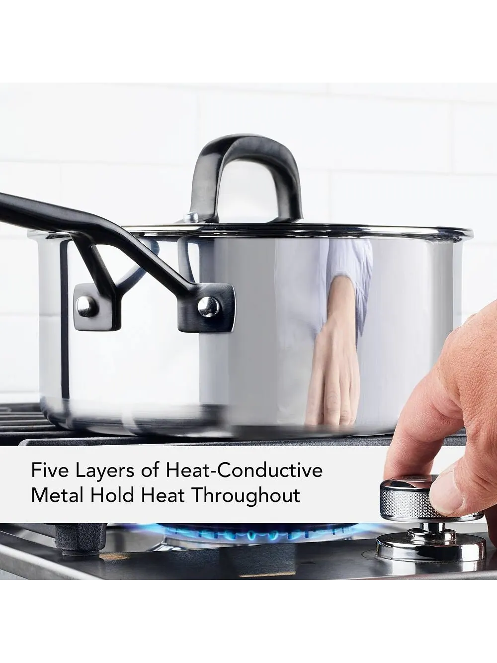 Ковш с крышкой KitchenAid 5-Ply Clad Stainless Steel, 2,8 л, Полированная сталь с черной ручкой — изображение 4 из 8