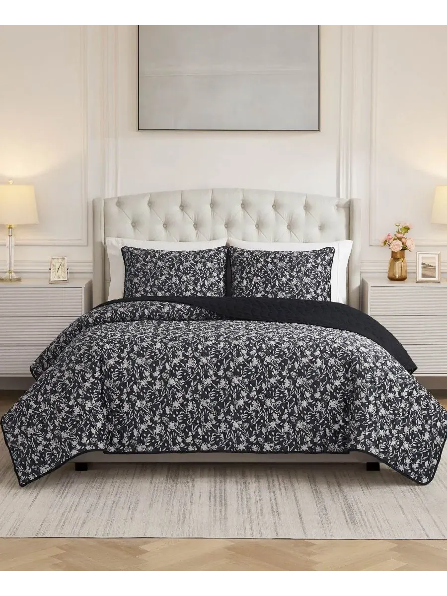 Стеганое одеяло с велюровым покрытием, King, с наволочками, Floral Vanna Velvet BCBG — изображение 3 из 8, черный