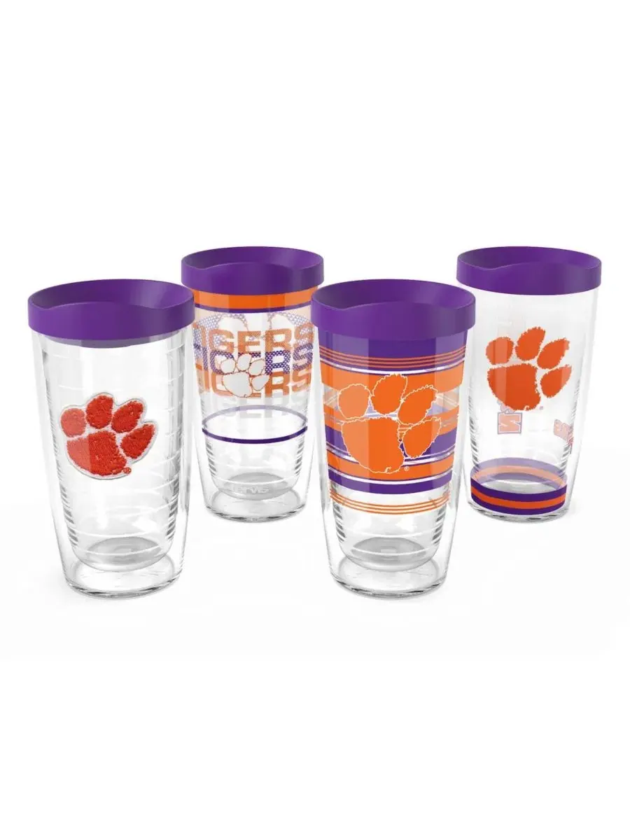 Набор из 4 стаканов Tervis Classic 16 унций, Clemson Tigers, Hype Stripes, Arctic и Competitor