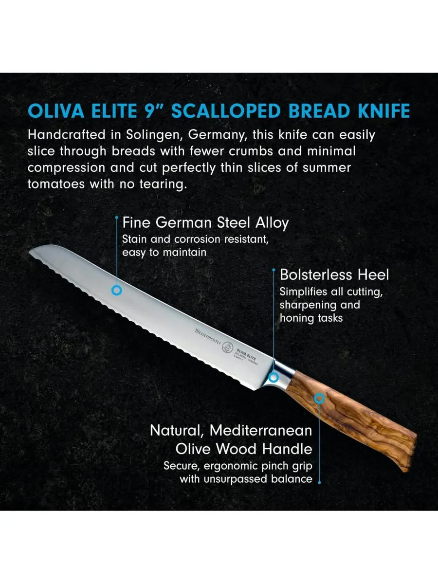Хлебный нож Oliva Elite с зубчатым краем / 9 дюймов Messermeister — изображение 2 из 5, серебристый