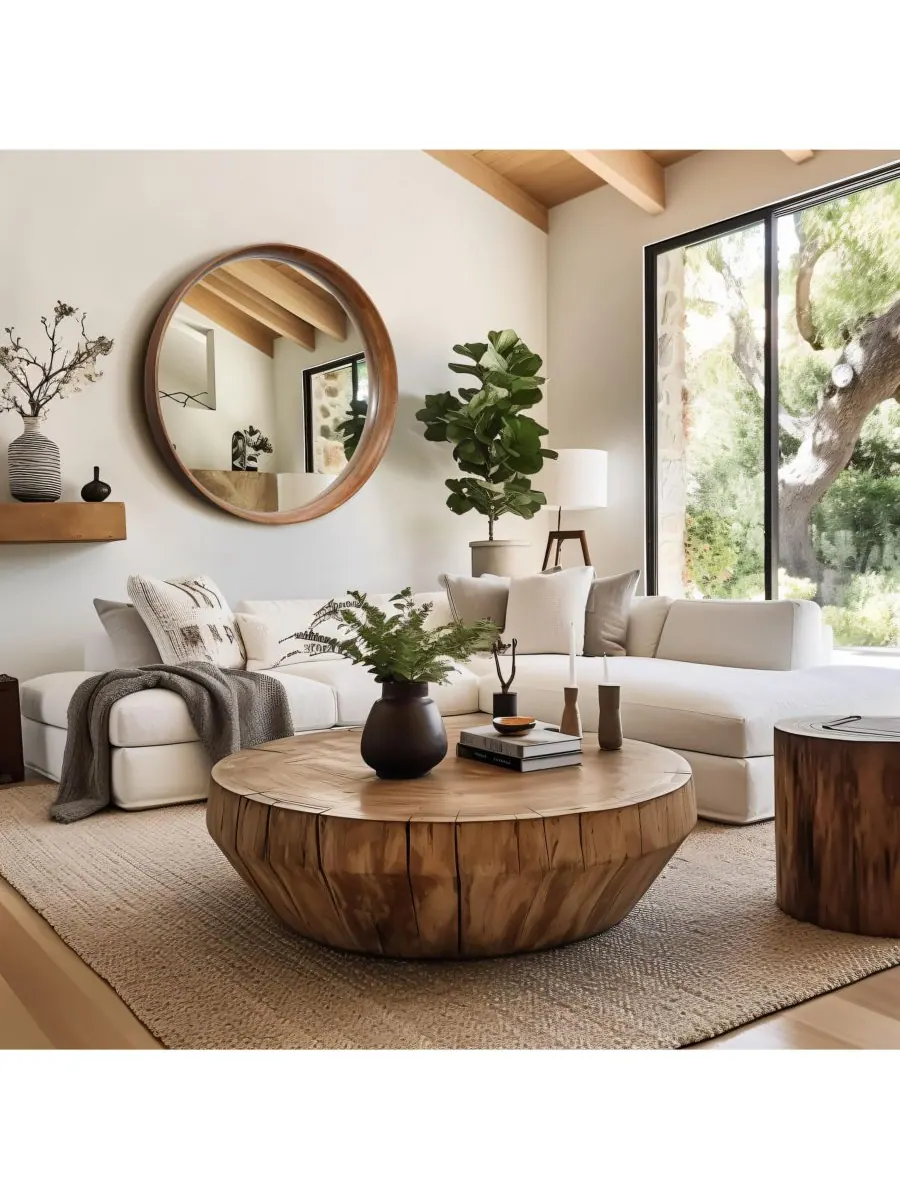 Круглое настенное зеркало в раме из натурального каучукового дерева LuxenHome — изображение 4 из 10, коричневый