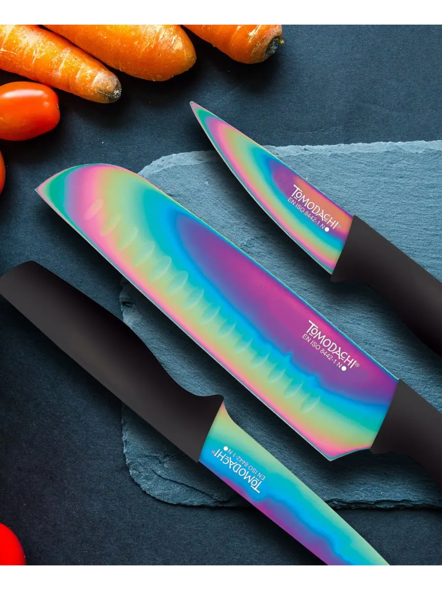 Набор ножей Tomodachi Rainbow Black из 12 предметов с соответствующими титановыми защитными — изображение 4 из 5, мульти