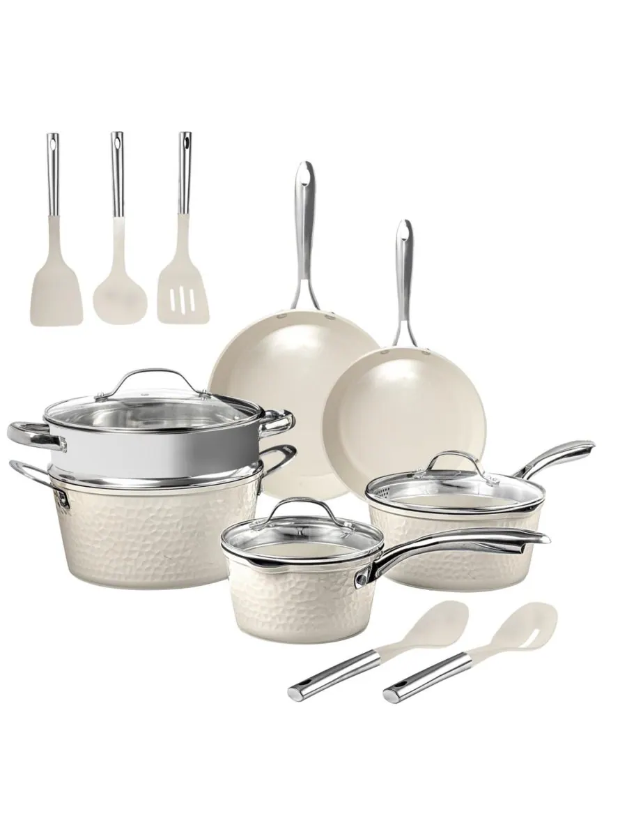 Набор кухонной посуды Gotham Steel Hammered Cream, 15 предметов