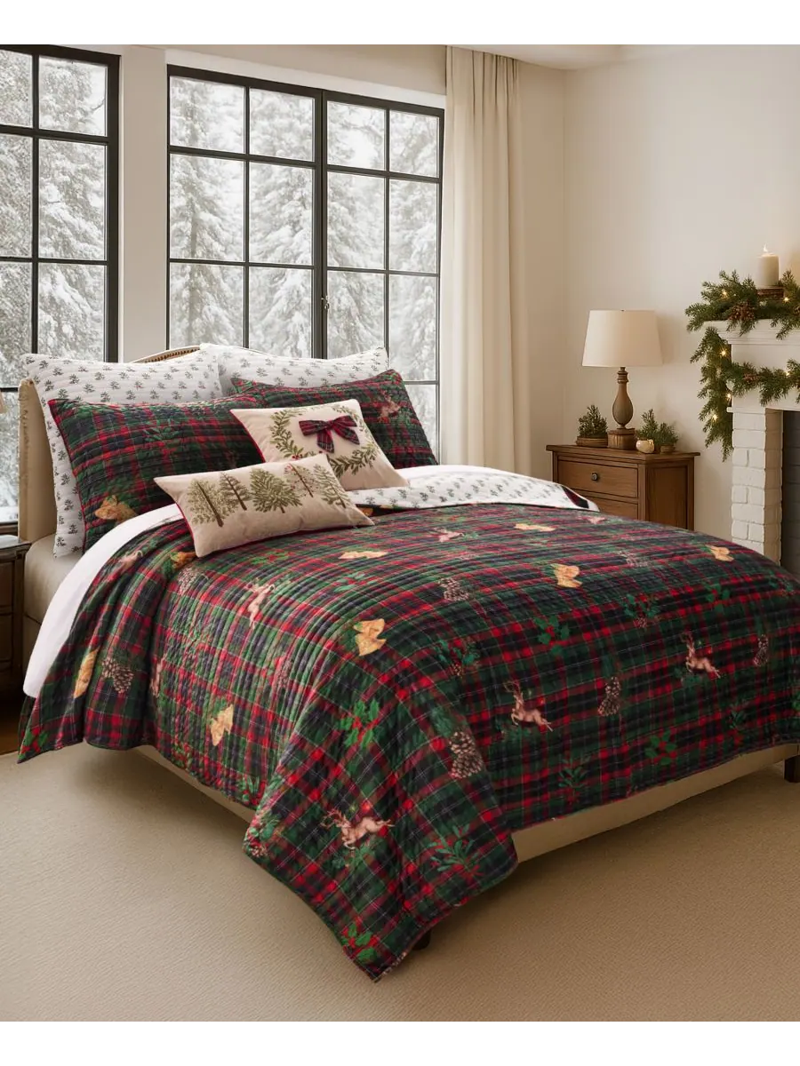 Двустороннее стеганое одеяло Home Merry Tartan, размер King/California King Levtex — изображение 5 из 5, зеленый