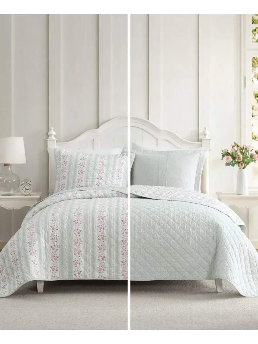 Двустороннее одеяло Rosebud Stripe, 3 предмета, размер Full/Queen Laura Ashley — изображение 4 из 8, светлый зеленый