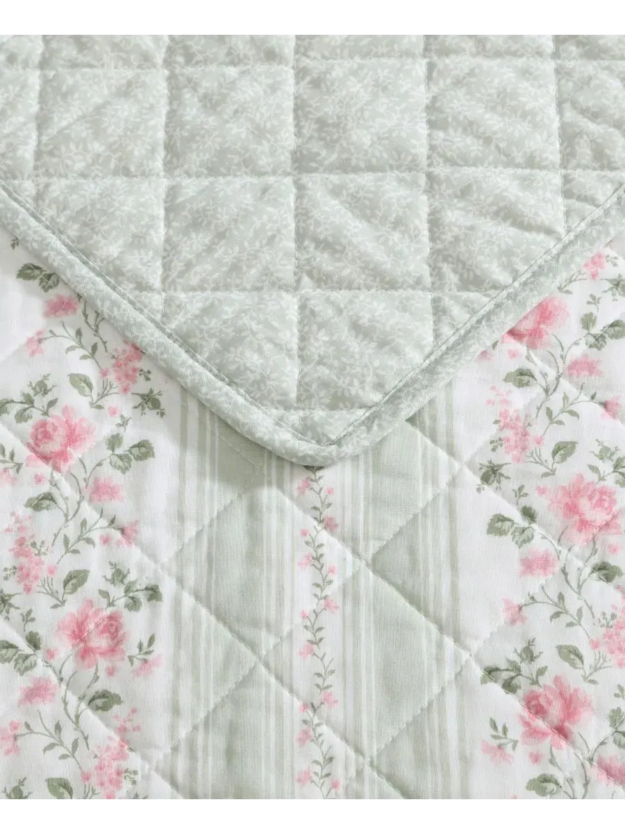 Двустороннее одеяло Rosebud Stripe, 3 предмета, размер Full/Queen Laura Ashley — изображение 5 из 8, светлый зеленый
