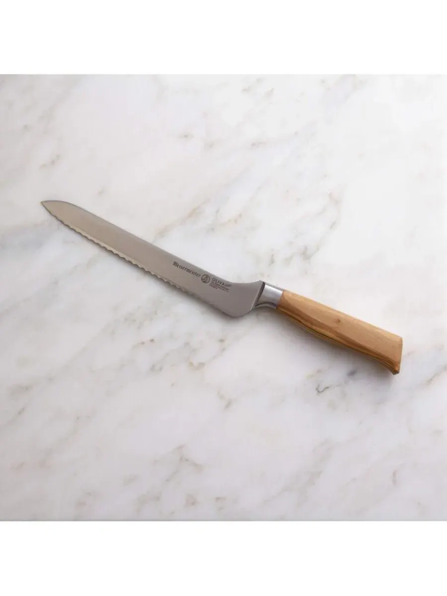 Нож с волнистым лезвием со смещенной рукояткой, 20 см, Oliva Elite Messermeister — изображение 3 из 3, серебристый оливковый
