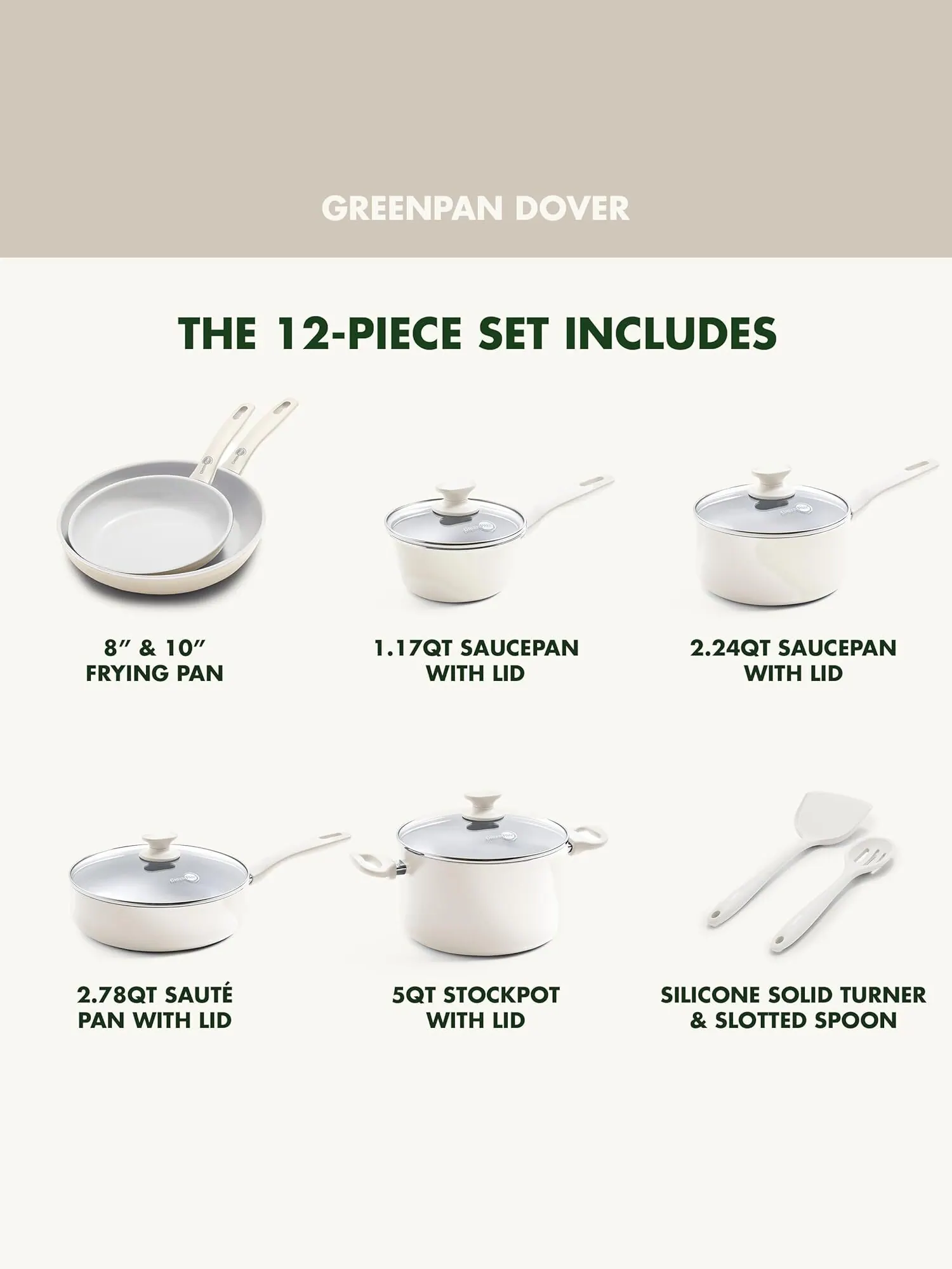 Набор посуды GreenPan Dover, 12 предметов — изображение 3 из 9, кремовый белый
