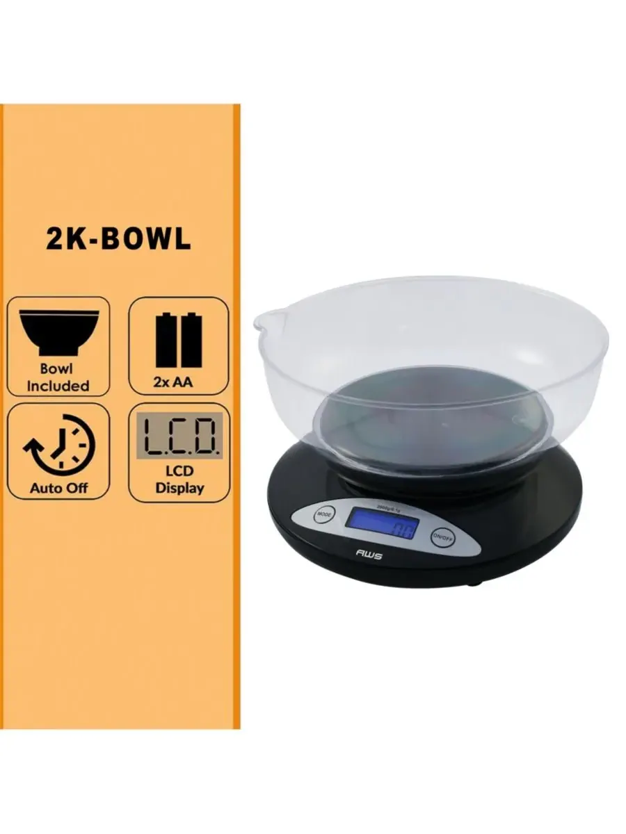 Цифровые кухонные весы для мисок 2K-Bowl, 2 л / 2000 г American Weigh Scales — изображение 2 из 4, черный