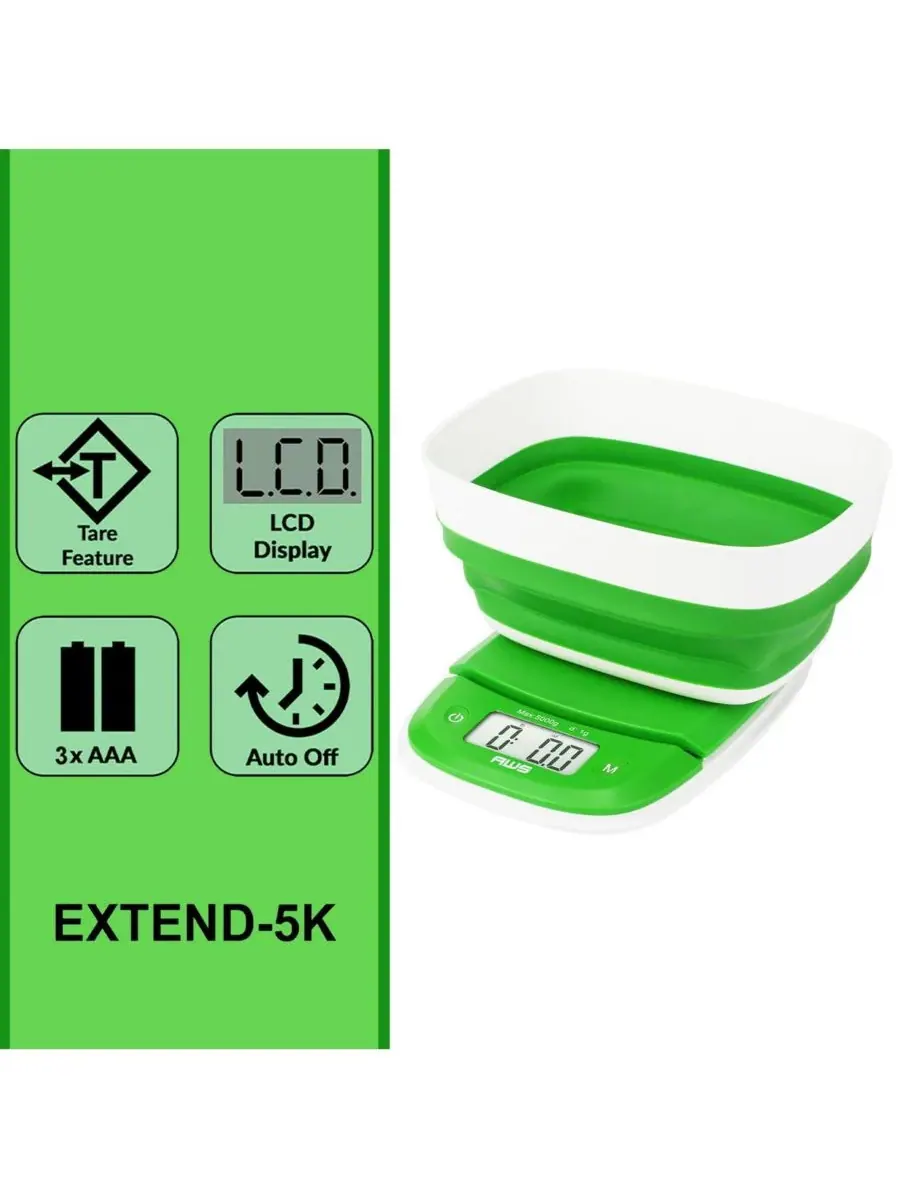 Цифровые кухонные весы Extend-5K со складной чашей, 5 л / 5 л American Weigh Scales — изображение 4 из 5, зеленый
