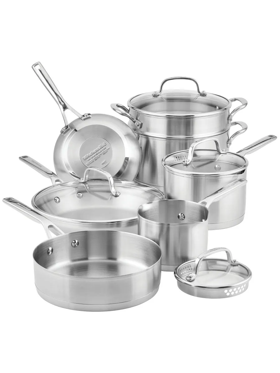 Набор посуды KitchenAid 3-Ply Base Stainless Steel, 11 предметов, глянцевая сталь