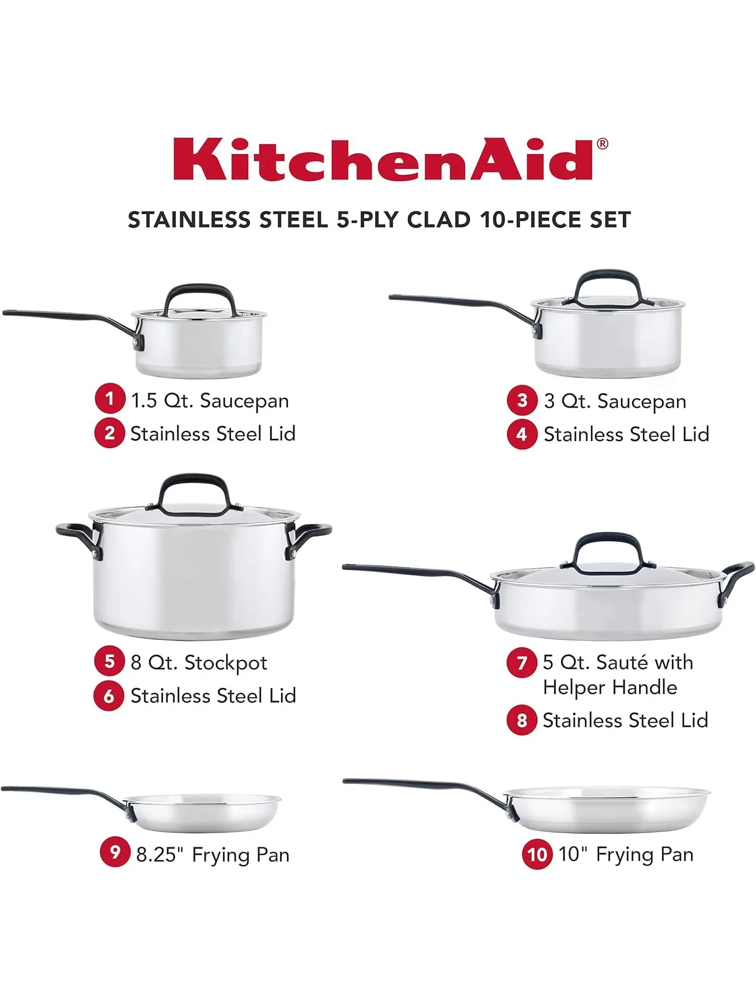 Набор посуды KitchenAid 5-Ply Clad Stainless Steel, 10 предметов, глянцевая сталь — изображение 2 из 13