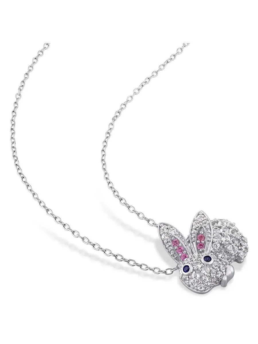 AMOUR 1 1/10 CT TGW Созданное розовое, белое и синее сапфировое ожерелье с кроликом из серебра 925 пробы — изображение 3 из 4