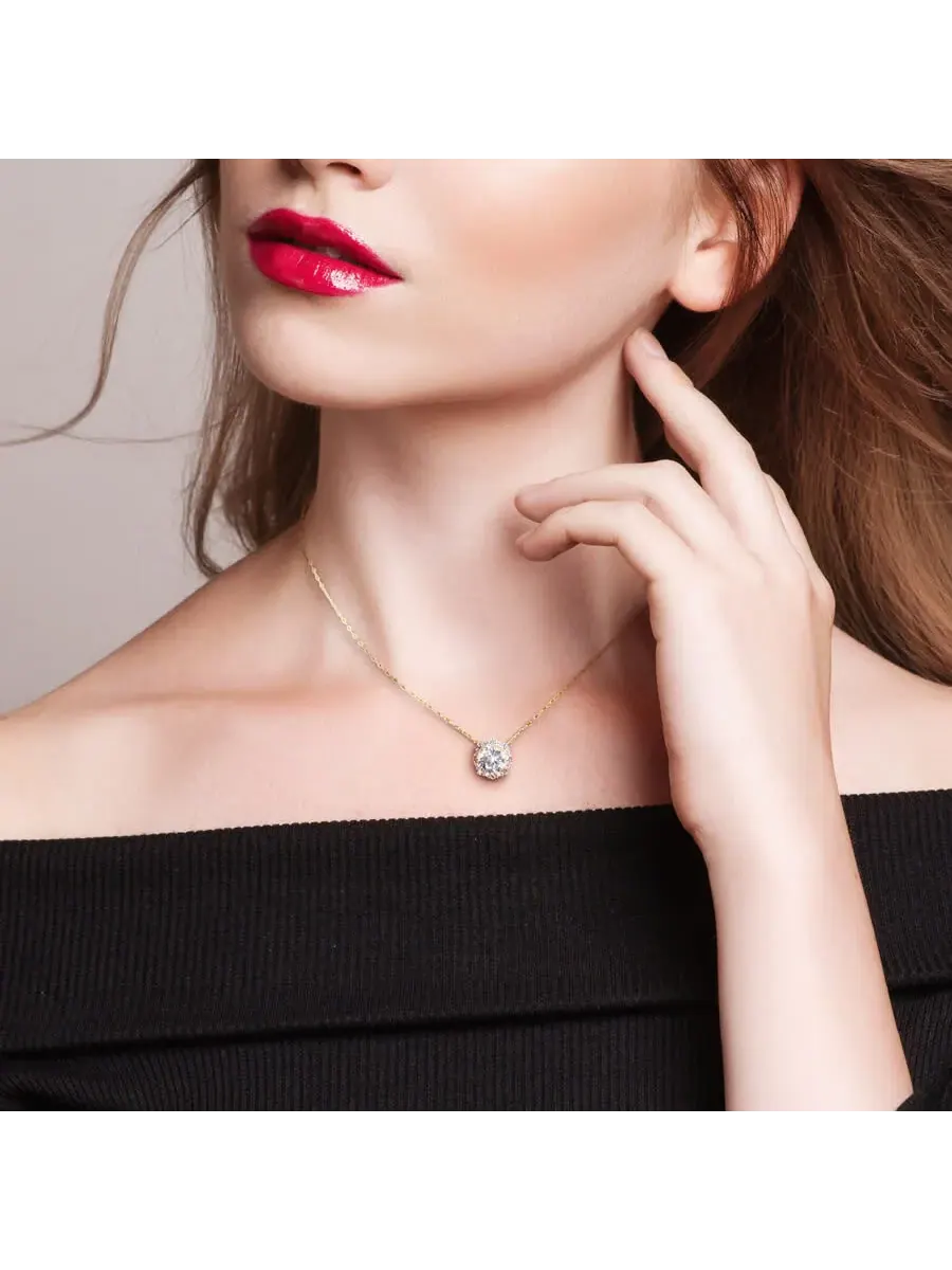 AMOUR 1 7/8 CT TGW Созданное белое сапфировое колье с гало в желтом позолоченном серебре — изображение 5 из 5, оттенок белый