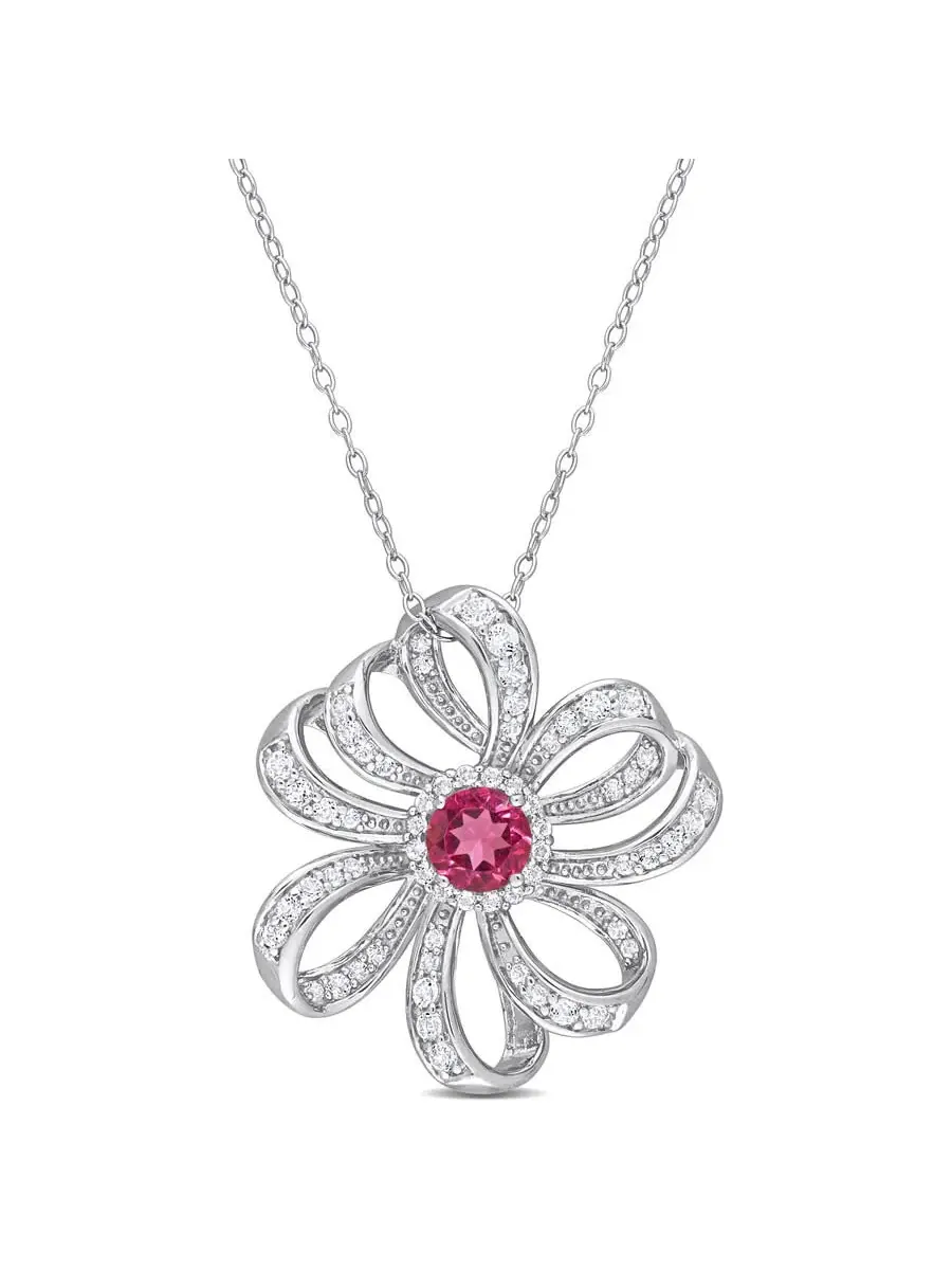 AMOUR 2 3/4 CT TGW Подвеска в виде цветка с розовым топазом и белым топазом с цепочкой из стерлингового серебра — розовый