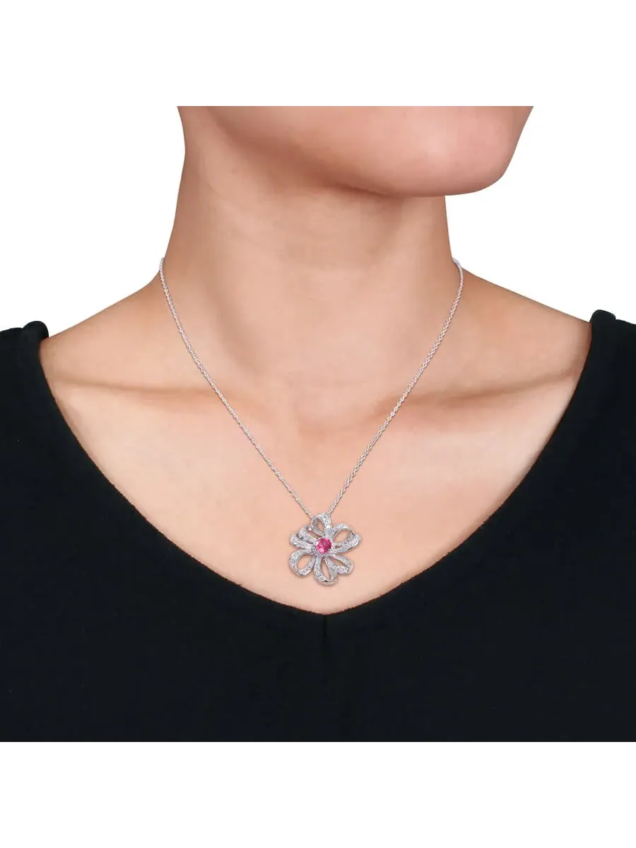 AMOUR 2 3/4 CT TGW Подвеска в виде цветка с розовым топазом и белым топазом с цепочкой из стерлингового серебра